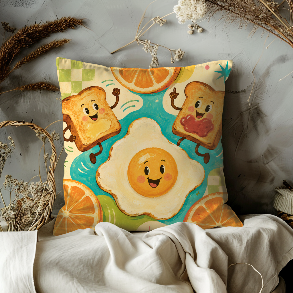 Breakfast Friends Pillow Cover | Cute Cartoon Art | Fun Kitchen Decor