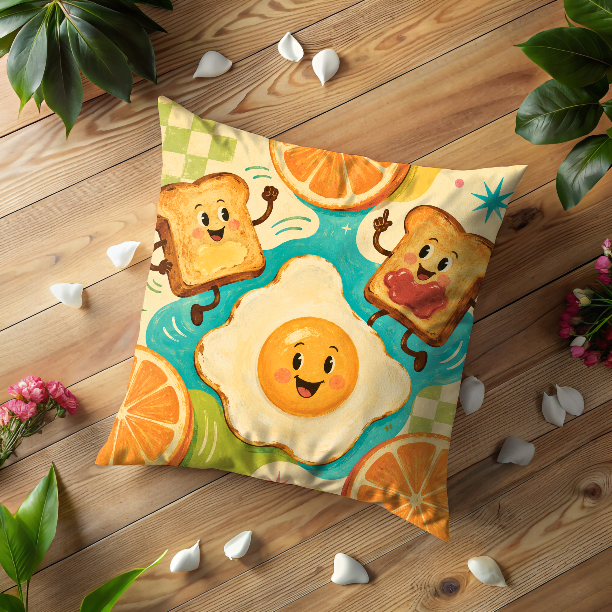 Breakfast Friends Pillow Cover | Cute Cartoon Art | Fun Kitchen Decor