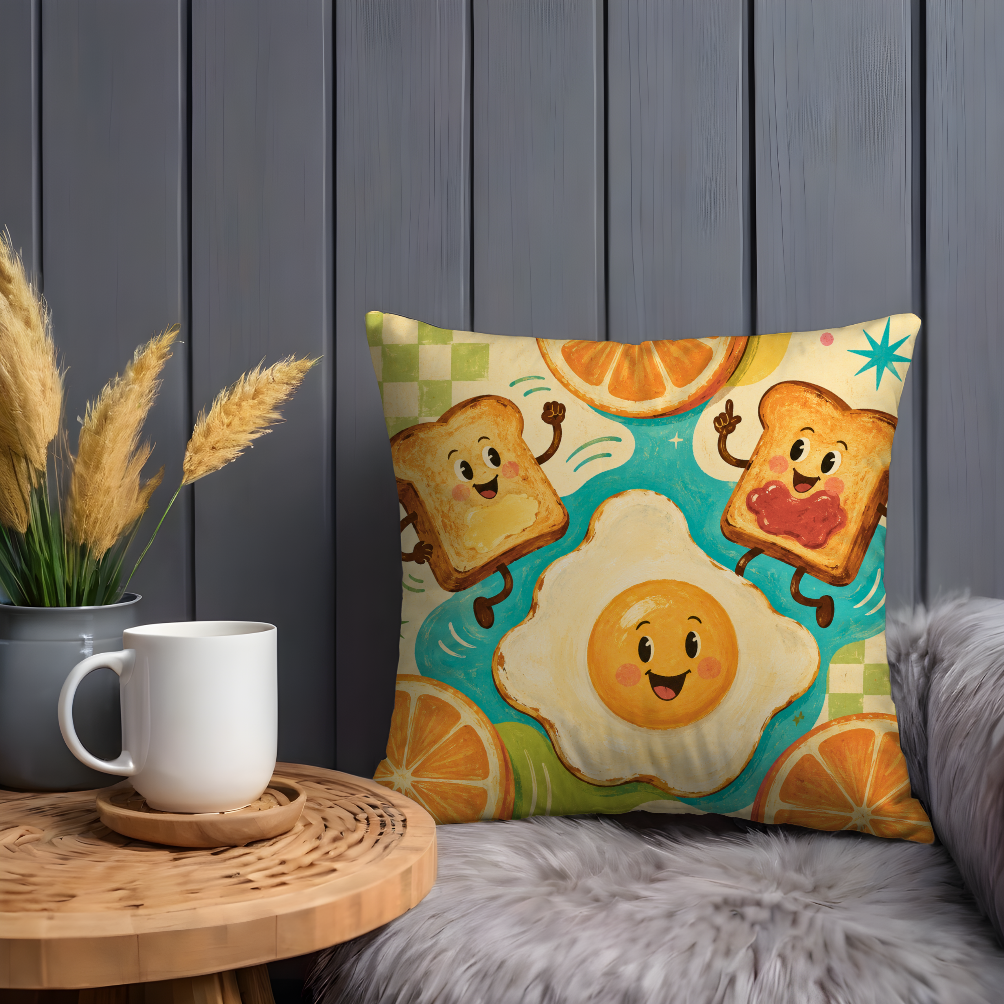 Breakfast Friends Pillow Cover | Cute Cartoon Art | Fun Kitchen Decor