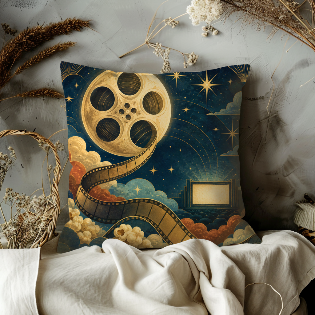 Golden Film Reel Pillow Cover | Mystic Cinema Art