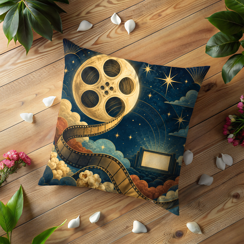 Golden Film Reel Pillow Cover | Mystic Cinema Art