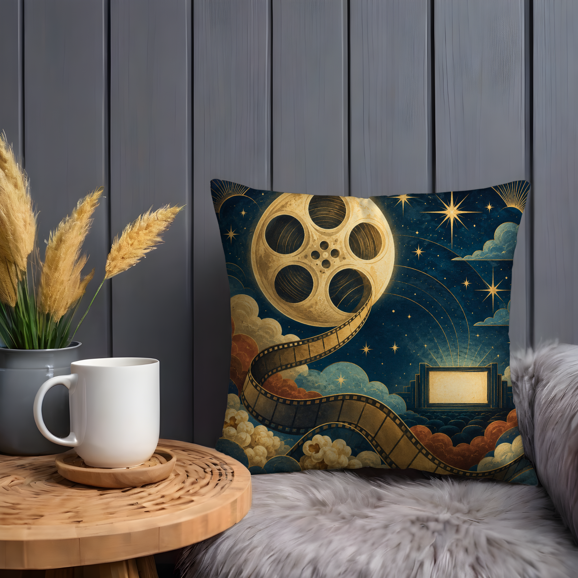 Golden Film Reel Pillow Cover | Mystic Cinema Art