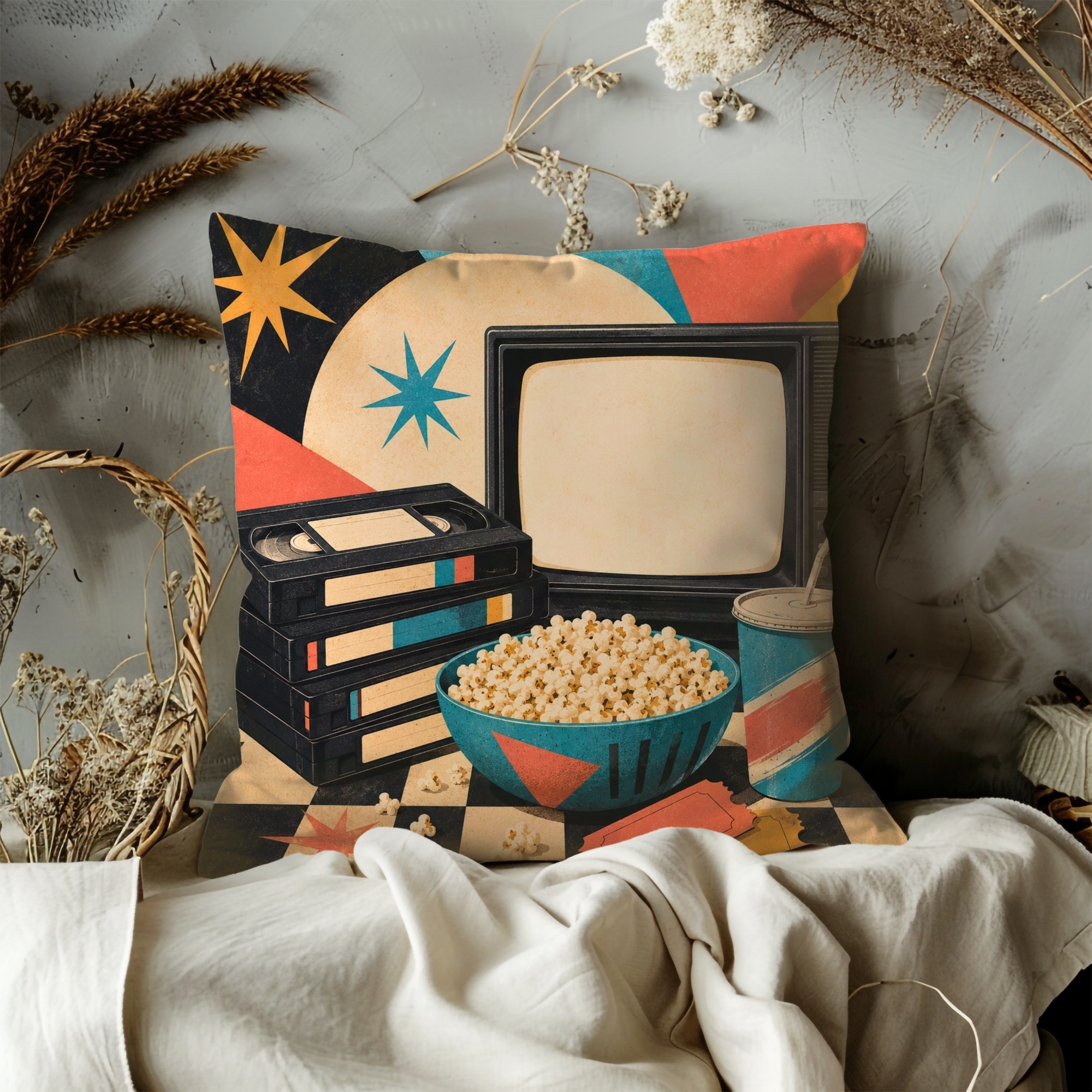 Retro Movie Night Pillow Cover | 80s Nostalgia Art