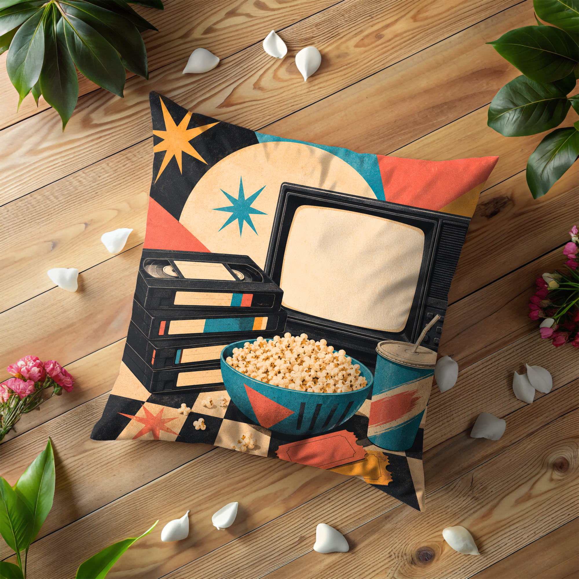 Retro Movie Night Pillow Cover | 80s Nostalgia Art