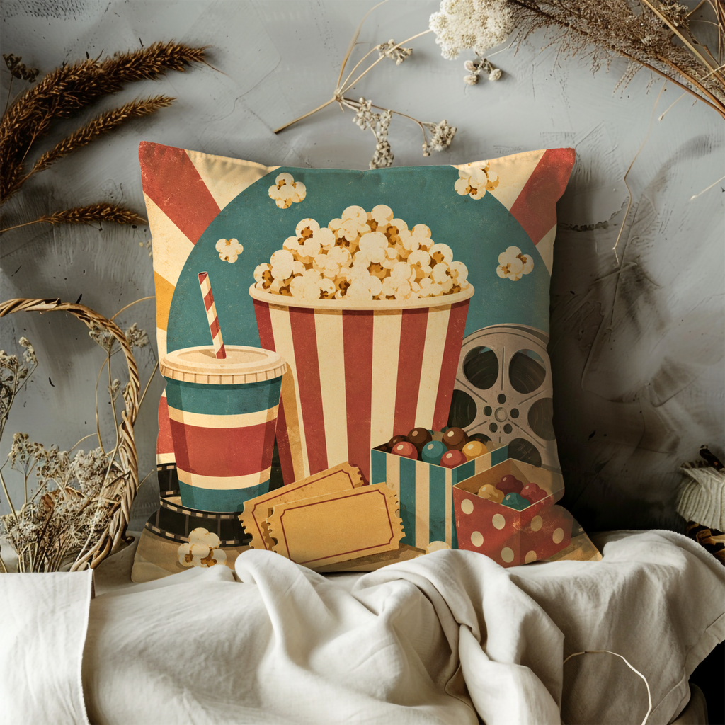 Classic Popcorn Movie Night Pillow Cover | Retro Cinema Art