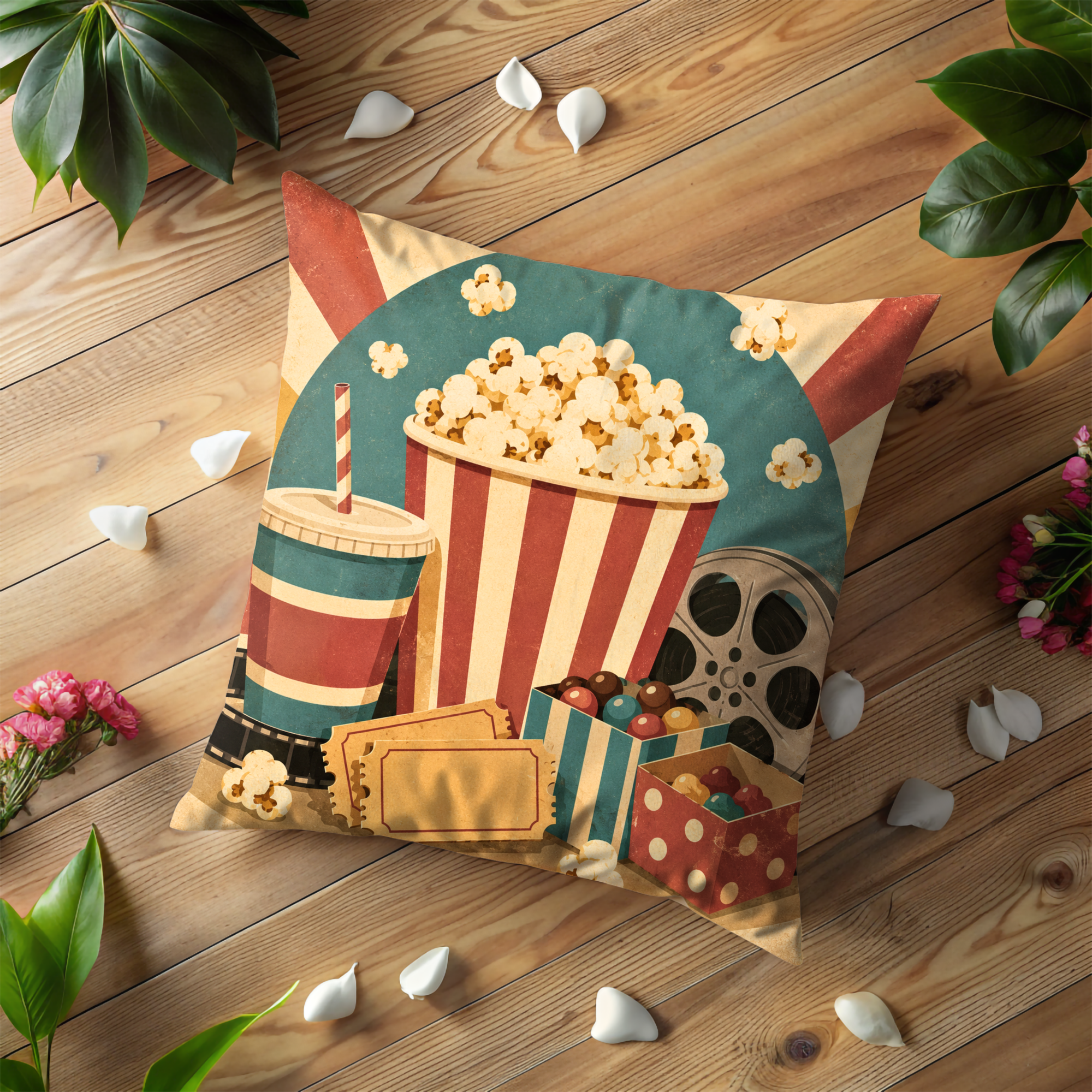 Classic Popcorn Movie Night Pillow Cover | Retro Cinema Art