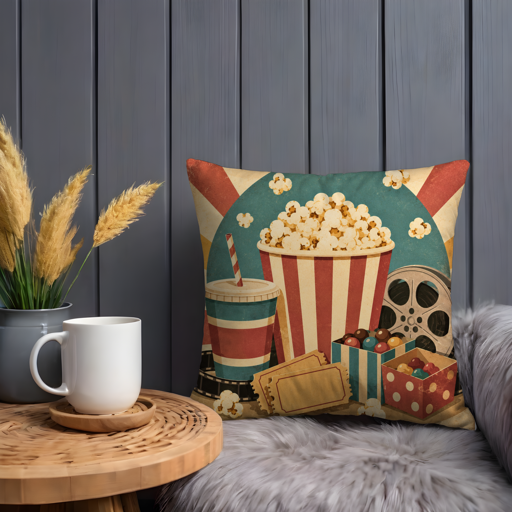 Classic Popcorn Movie Night Pillow Cover | Retro Cinema Art