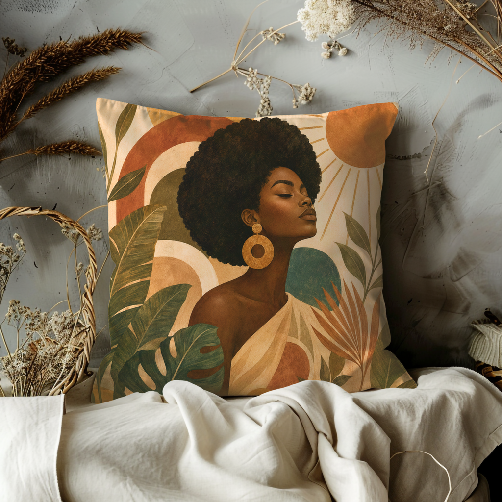 Afro Woman Tropical Sun Pillow Cover | Vibrant Bohemian Art