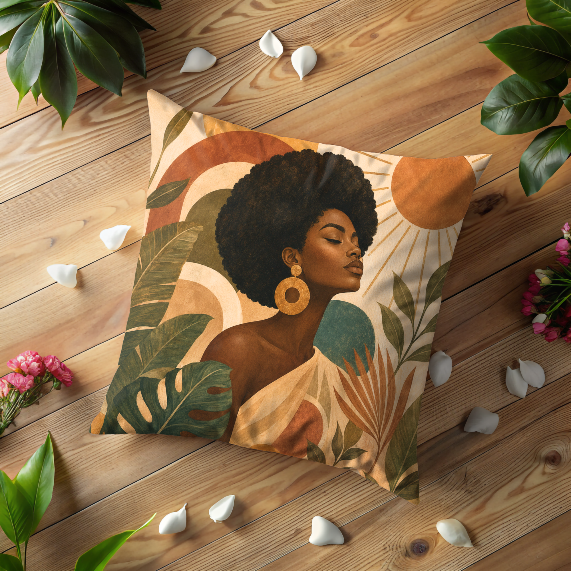 Afro Woman Tropical Sun Pillow Cover | Vibrant Bohemian Art