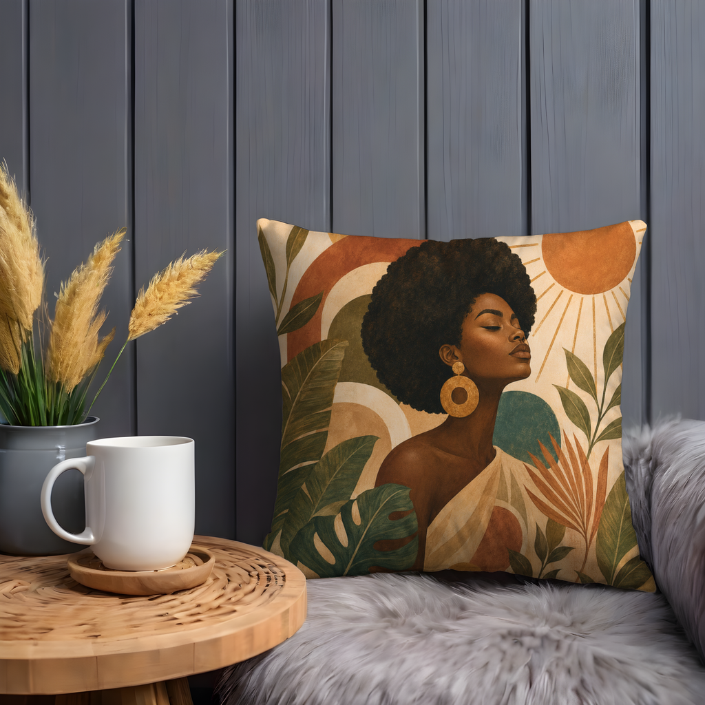 Afro Woman Tropical Sun Pillow Cover | Vibrant Bohemian Art