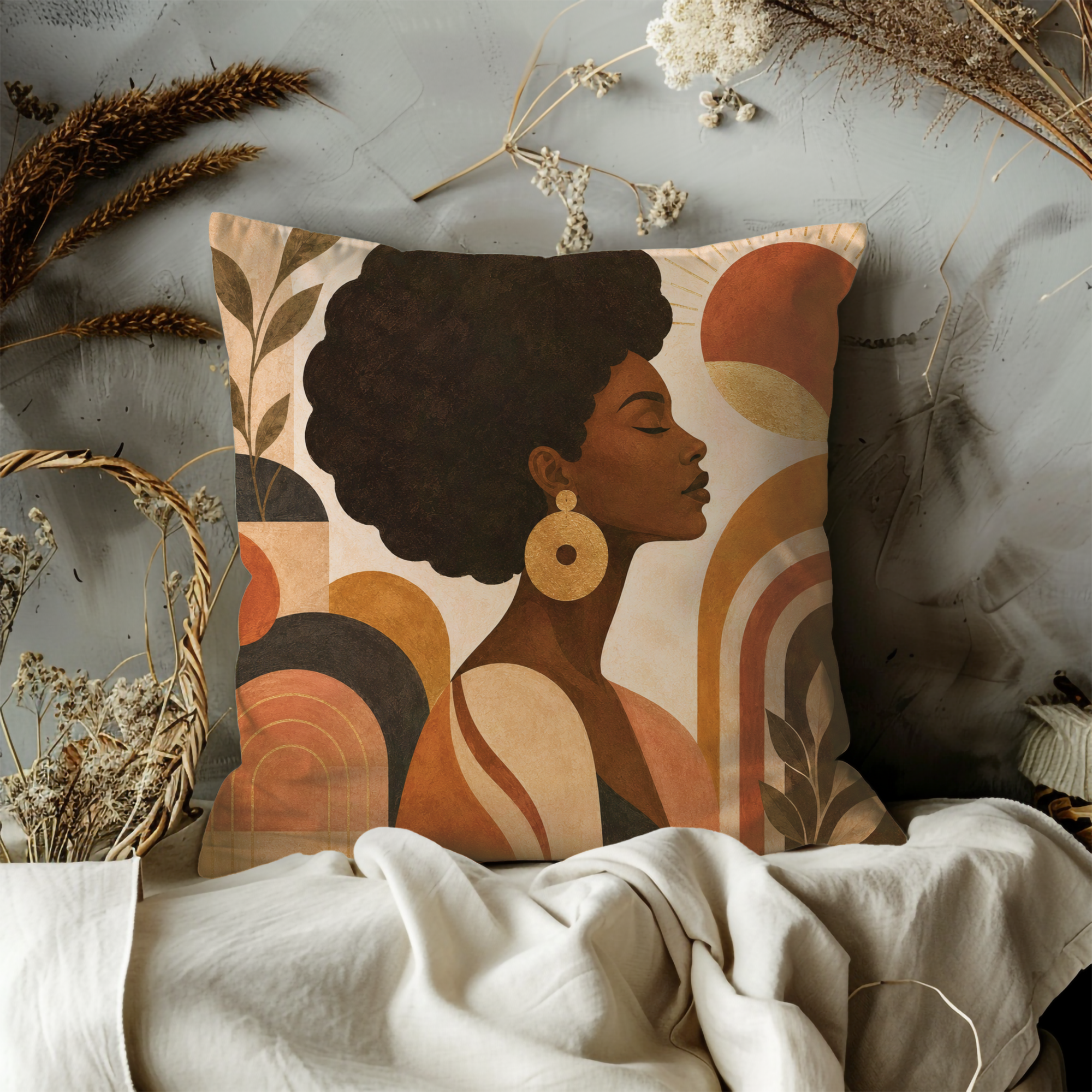 African Woman Profile Pillow Cover | Cultural Folk Art | Earthy Boho Decor