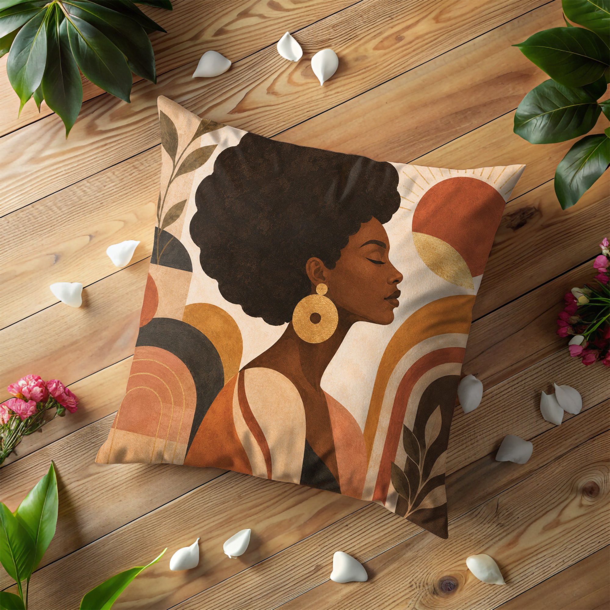 African Woman Profile Pillow Cover | Cultural Folk Art | Earthy Boho Decor