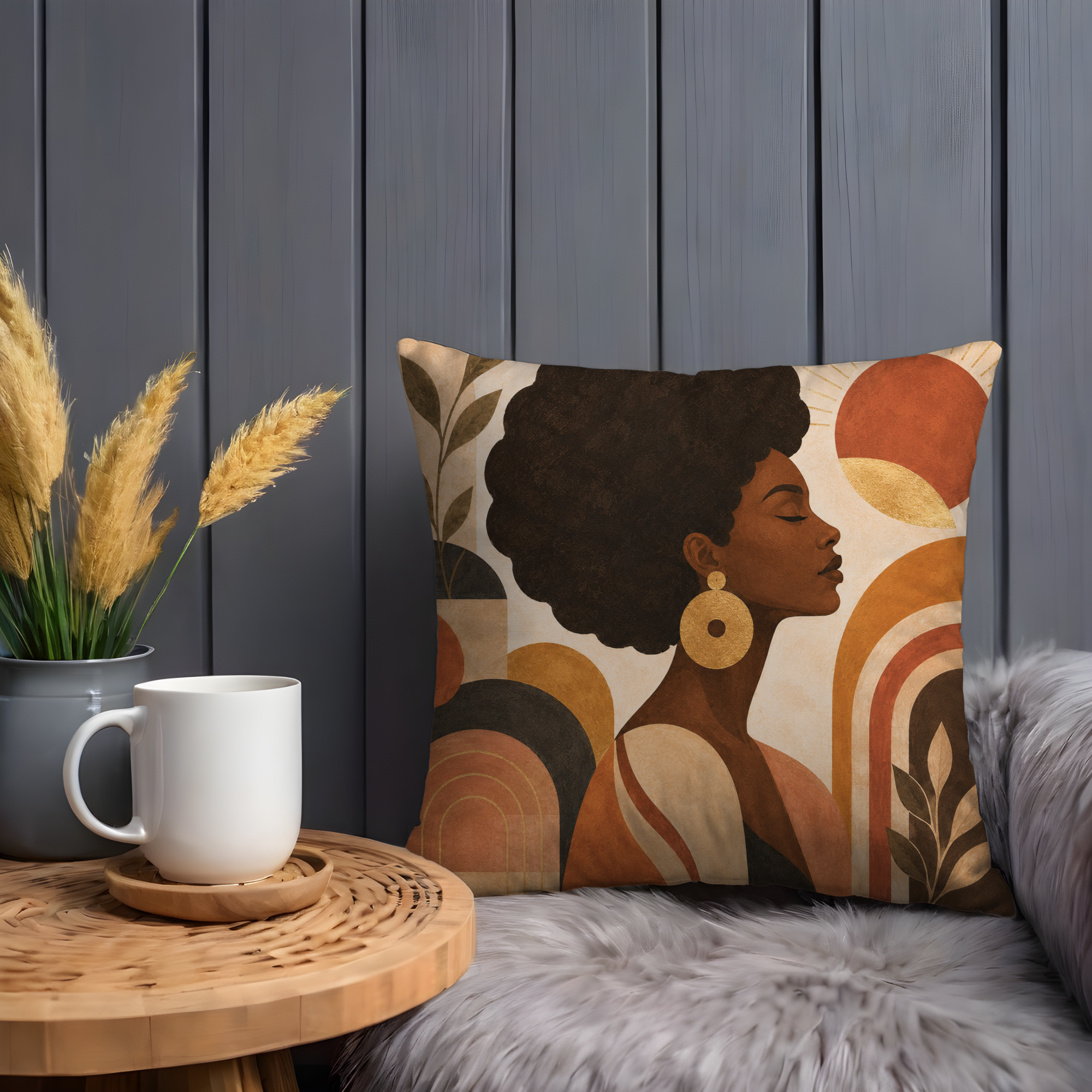 African Woman Profile Pillow Cover | Cultural Folk Art | Earthy Boho Decor