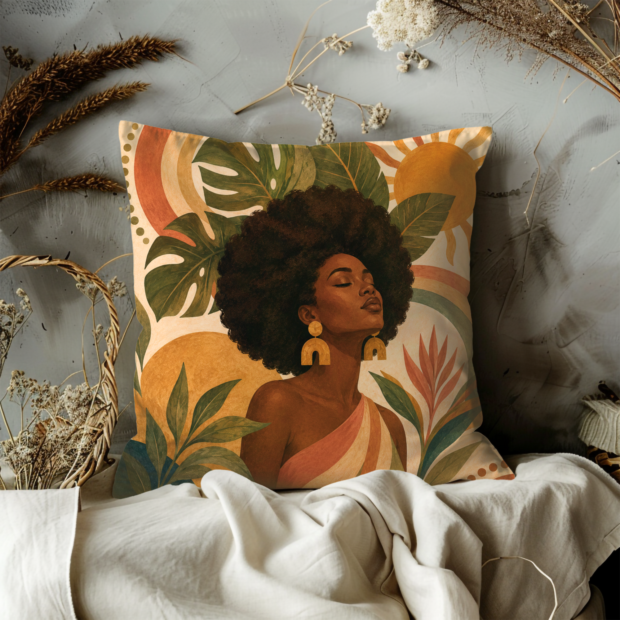 Afro Woman Tropical Sun Pillow Cover | Vibrant Bohemian Art