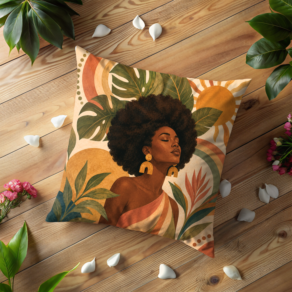Afro Woman Tropical Sun Pillow Cover | Vibrant Bohemian Art