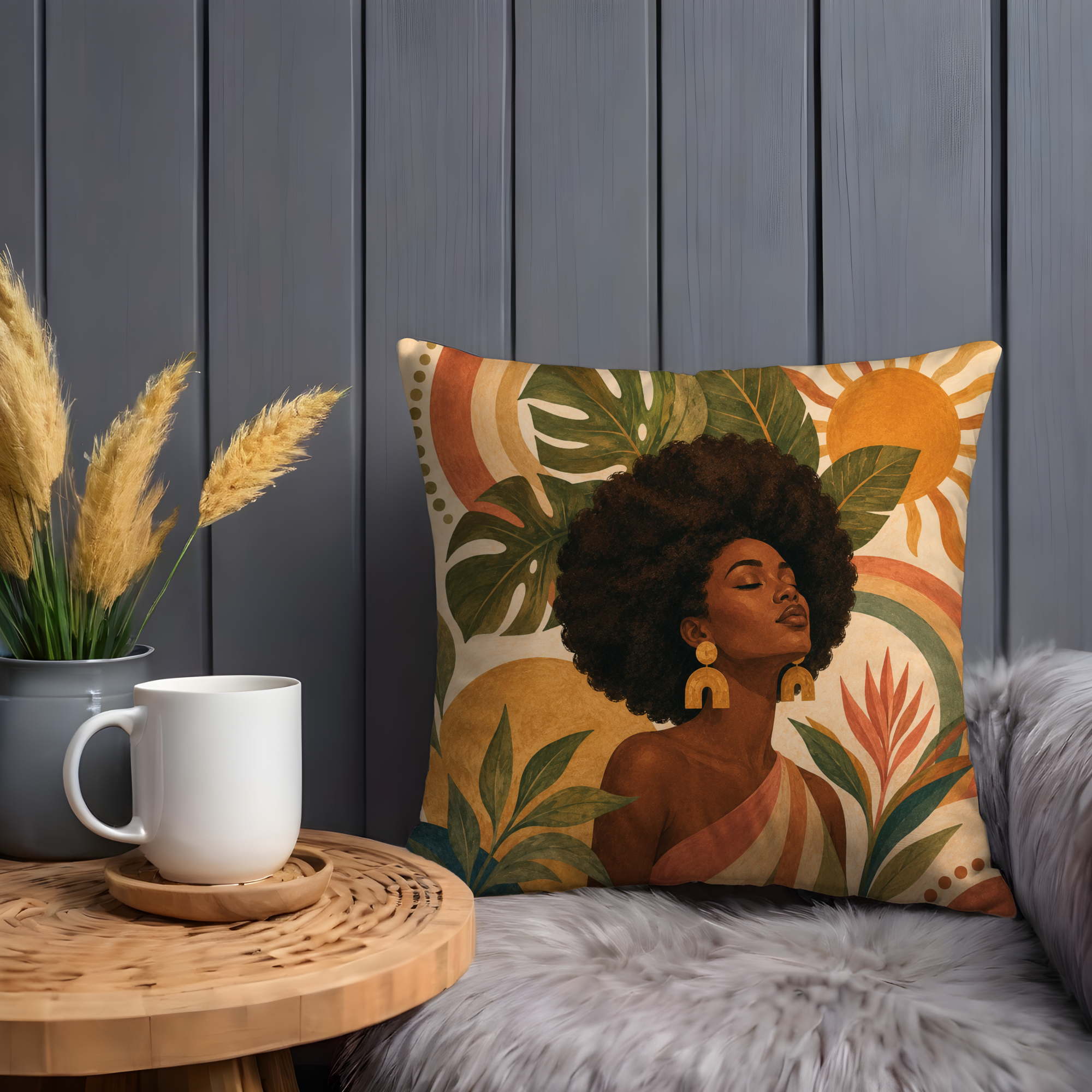 Afro Woman Tropical Sun Pillow Cover | Vibrant Bohemian Art