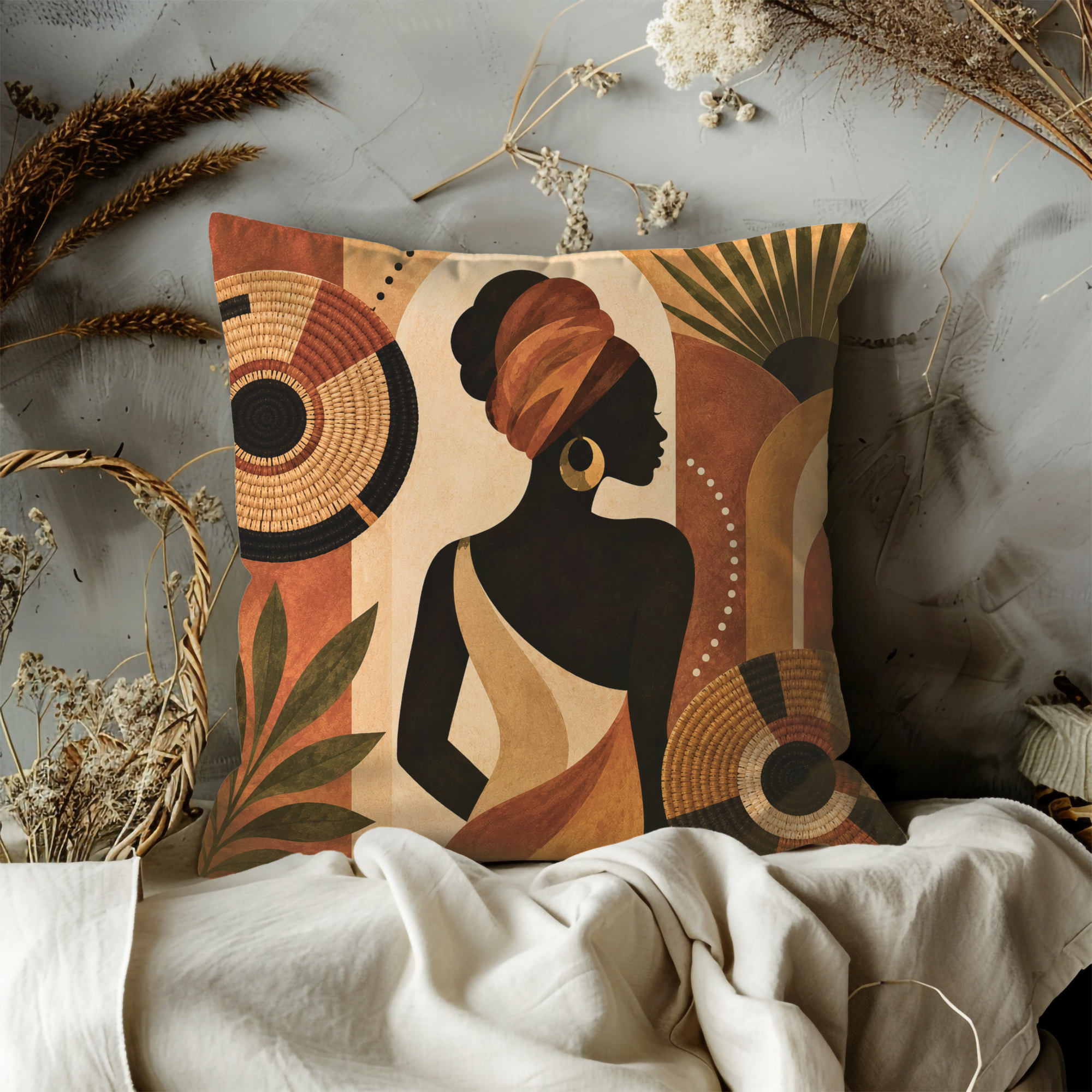 African Woman Basket Pillow Cover | Cultural Folk Art | Earthy Boho Decor