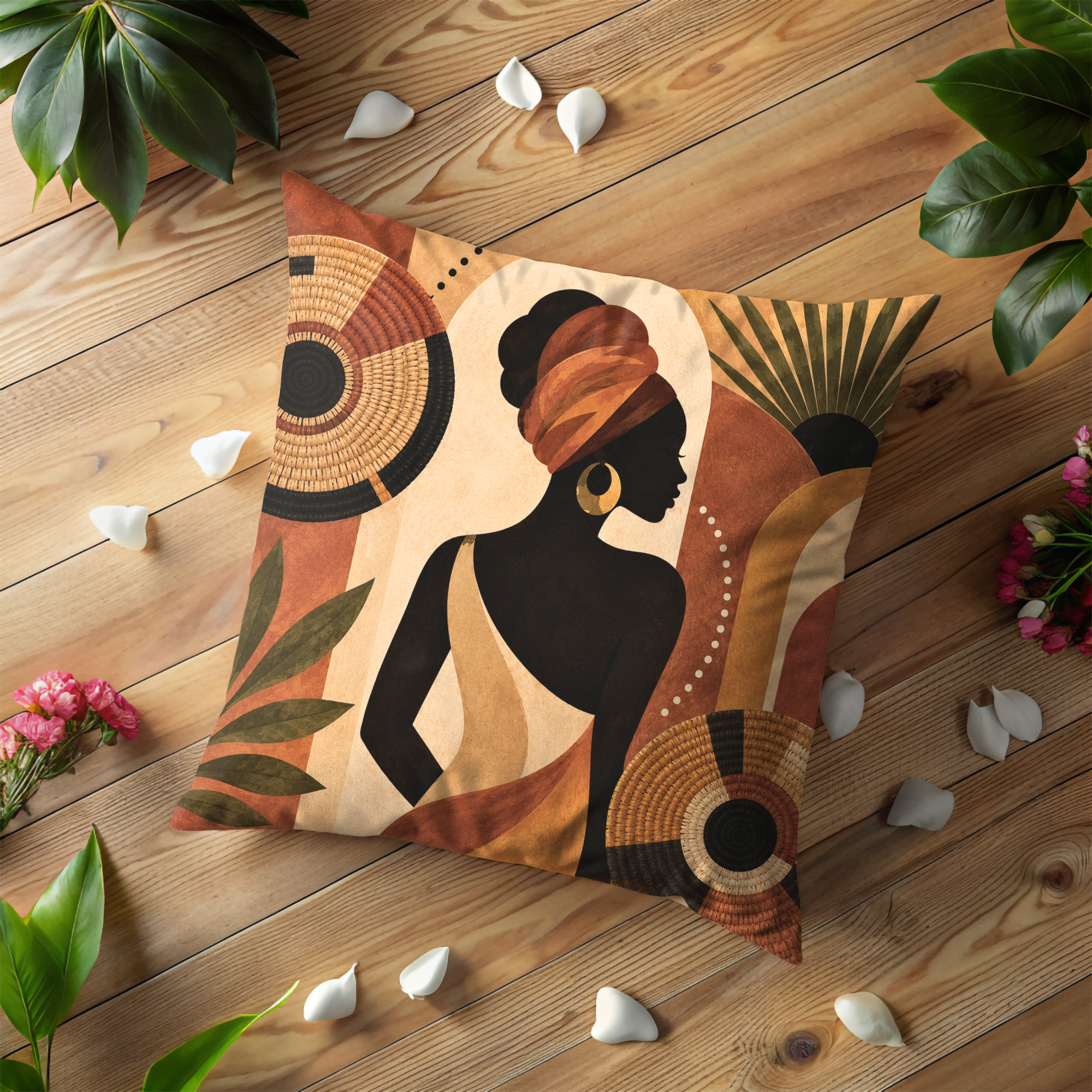 African Woman Basket Pillow Cover | Cultural Folk Art | Earthy Boho Decor