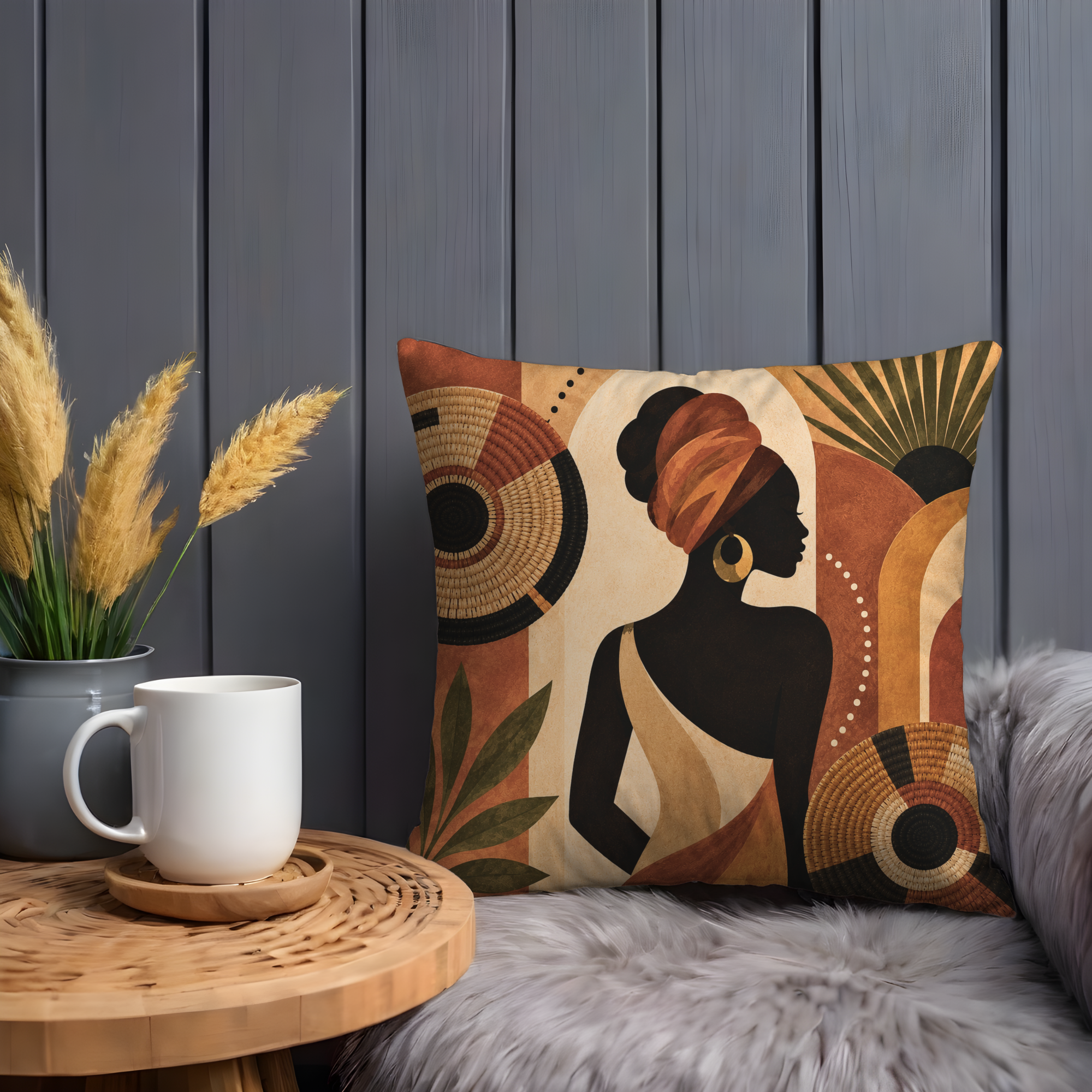 African Woman Basket Pillow Cover | Cultural Folk Art | Earthy Boho Decor