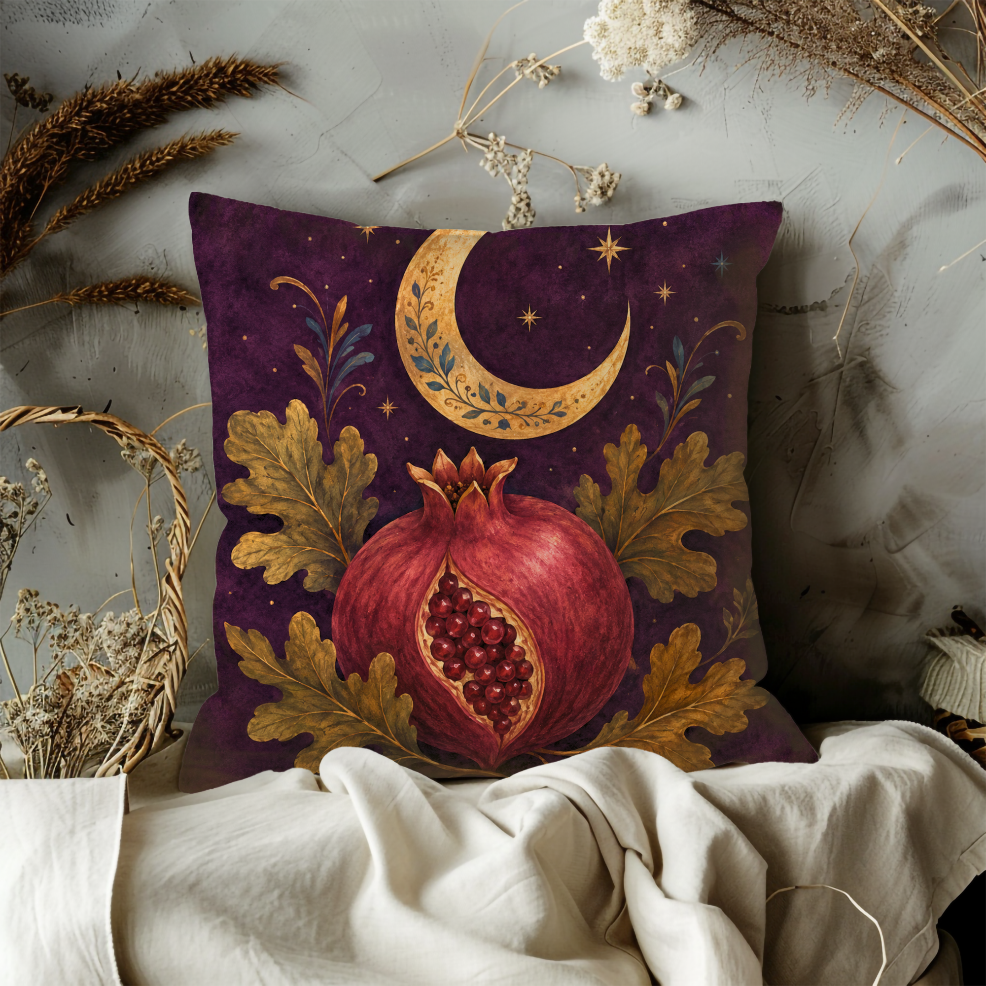 Pomegranate Moon Pillow Cover | Mystic Autumn Art
