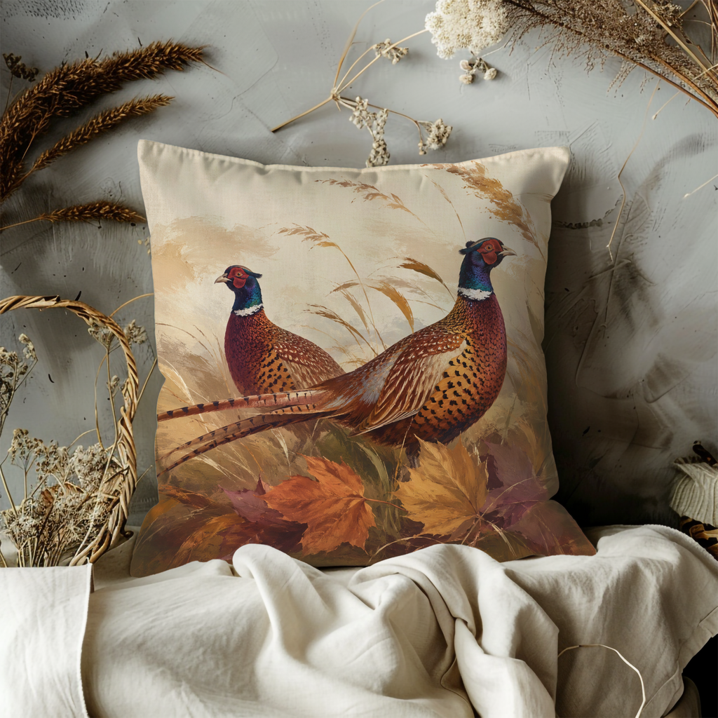 Pheasant Autumn Pillow Cover | Woodland Bird Art | Cozy Nature Decor