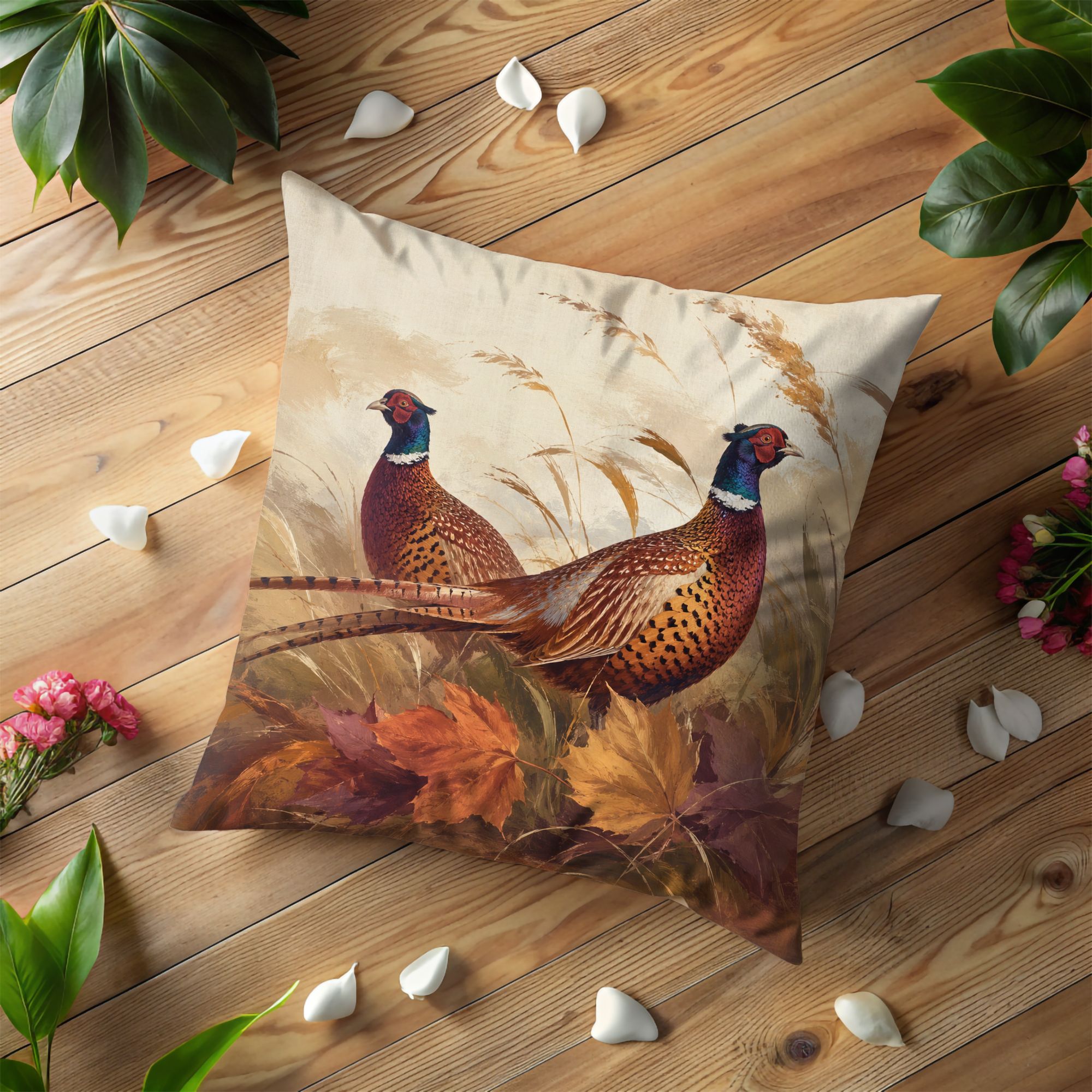 Pheasant Autumn Pillow Cover | Woodland Bird Art | Cozy Nature Decor