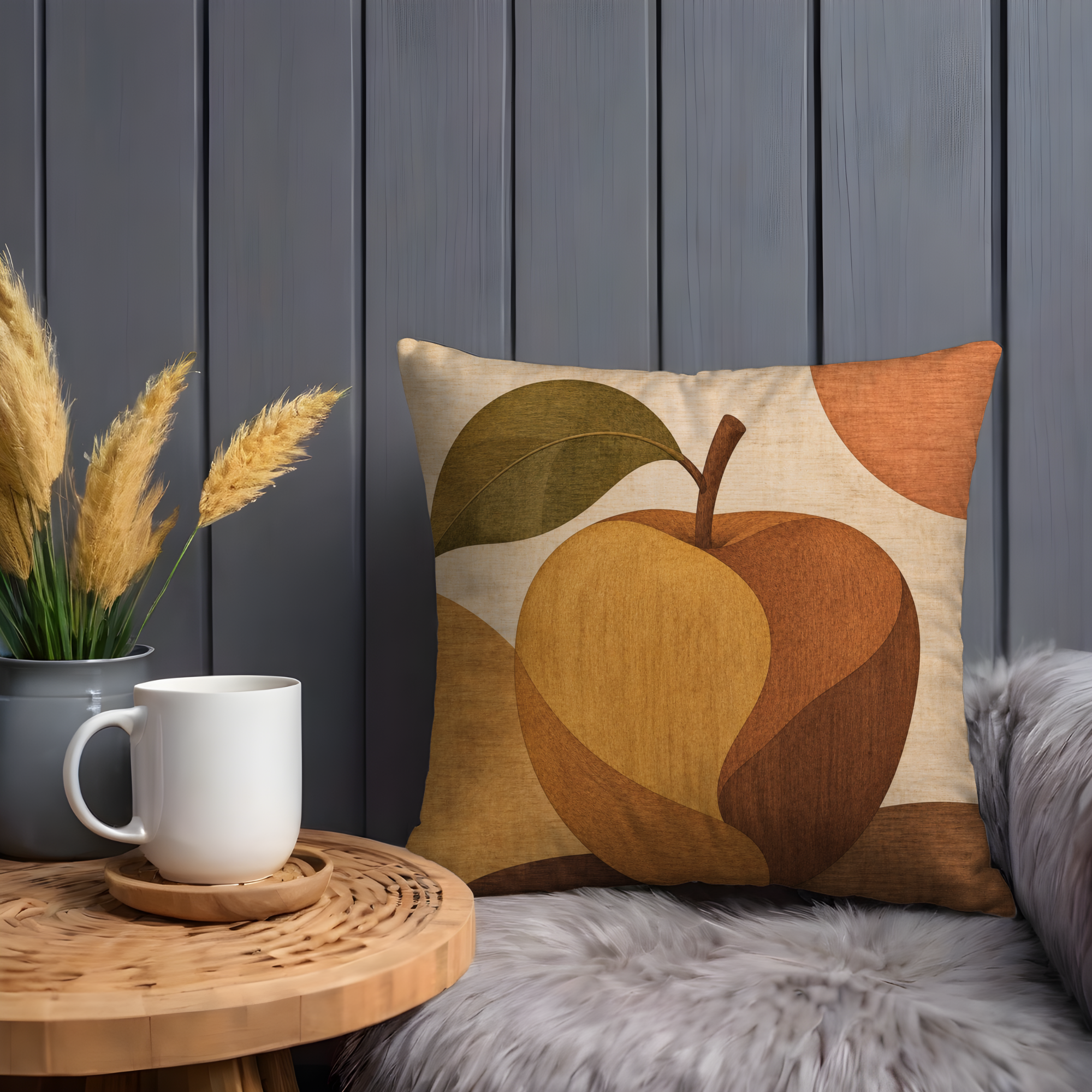 Stylized Apple Pillow Cover | Earthy Boho Art | Cozy Autumn Decor