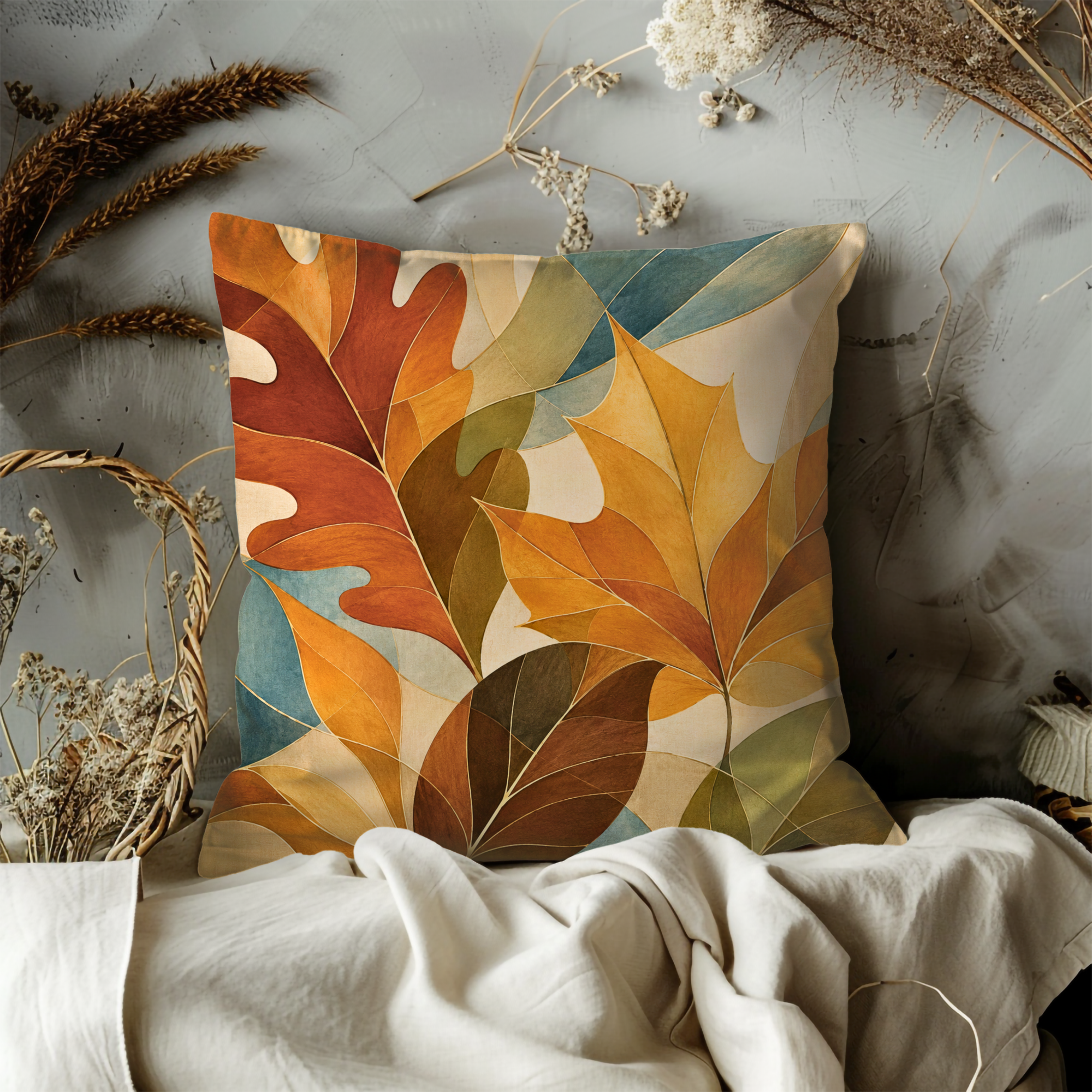 Stylized Autumn Leaves Pillow Cover | Modern Botanical Art