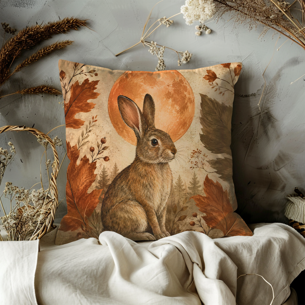 Rabbit Harvest Moon Pillow Cover | Woodland Animal Art | Cozy Autumn Decor