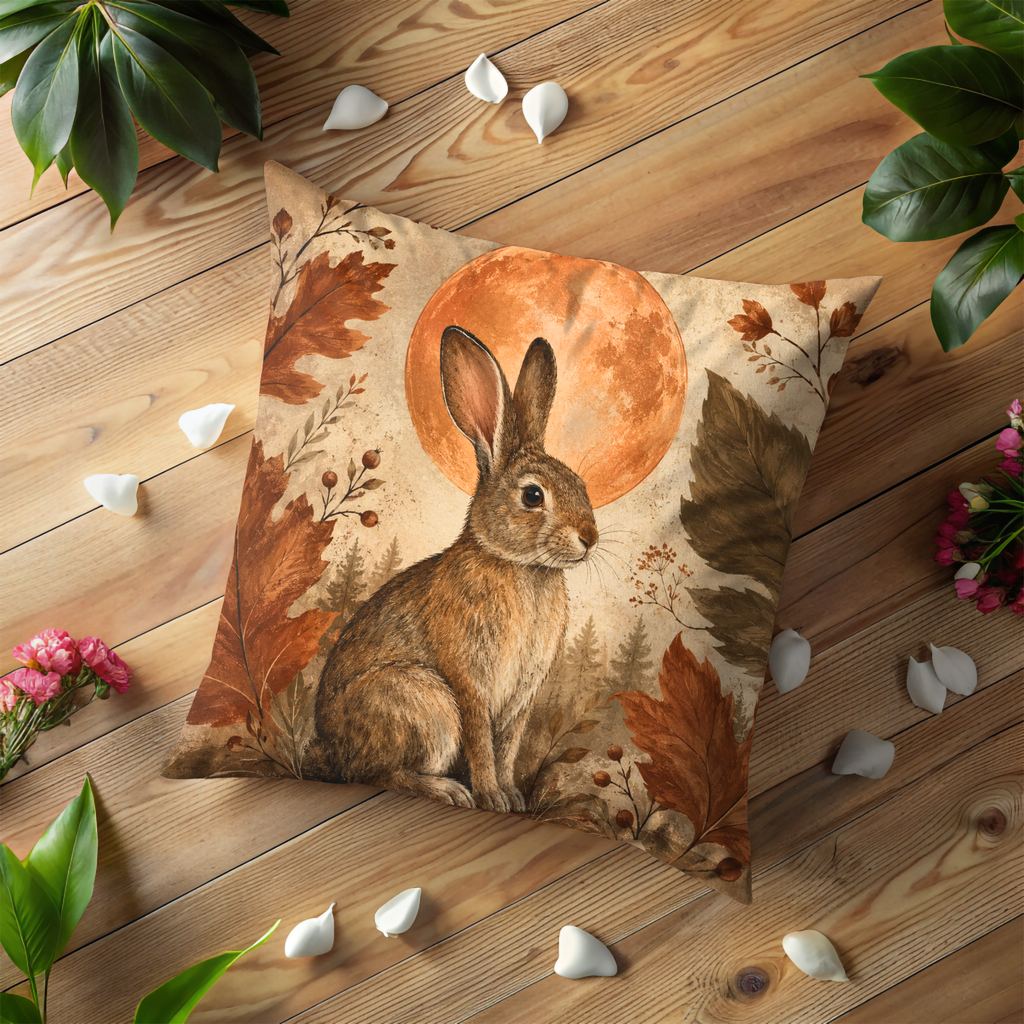 Rabbit Harvest Moon Pillow Cover | Woodland Animal Art | Cozy Autumn Decor