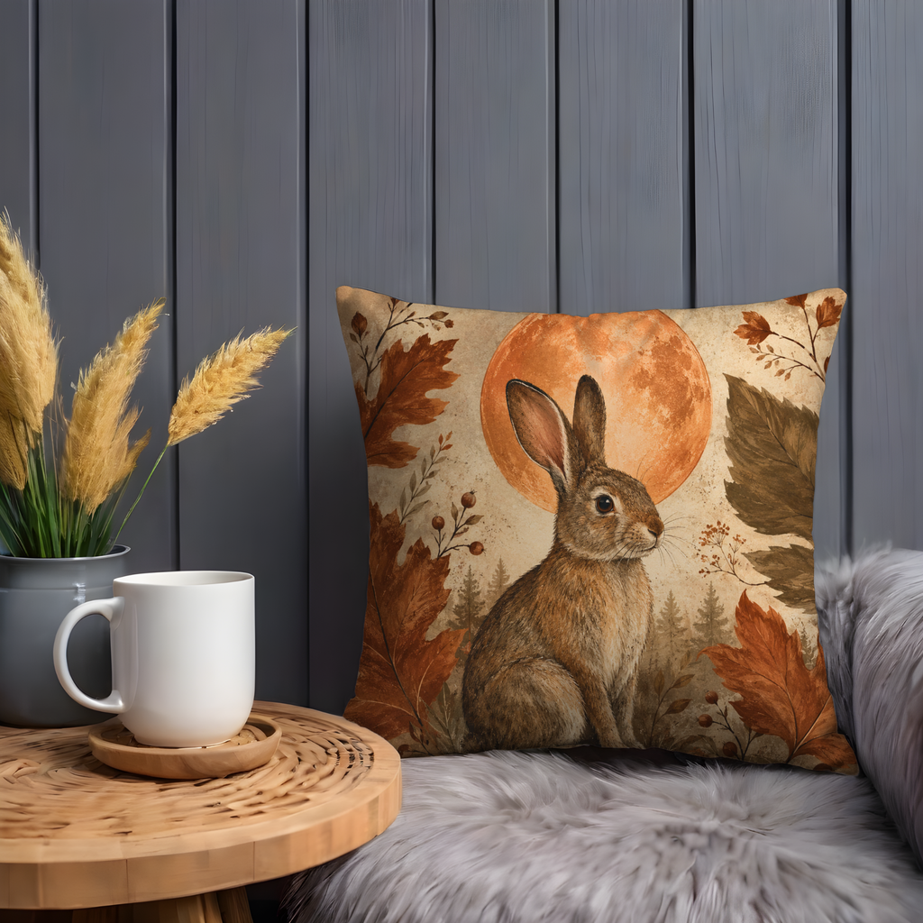 Rabbit Harvest Moon Pillow Cover | Woodland Animal Art | Cozy Autumn Decor