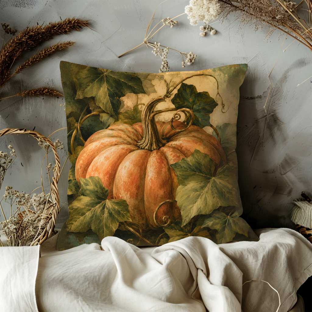 Realistic Pumpkin Ivy Pillow Cover | Autumn Harvest Art | Cozy Nature Decor