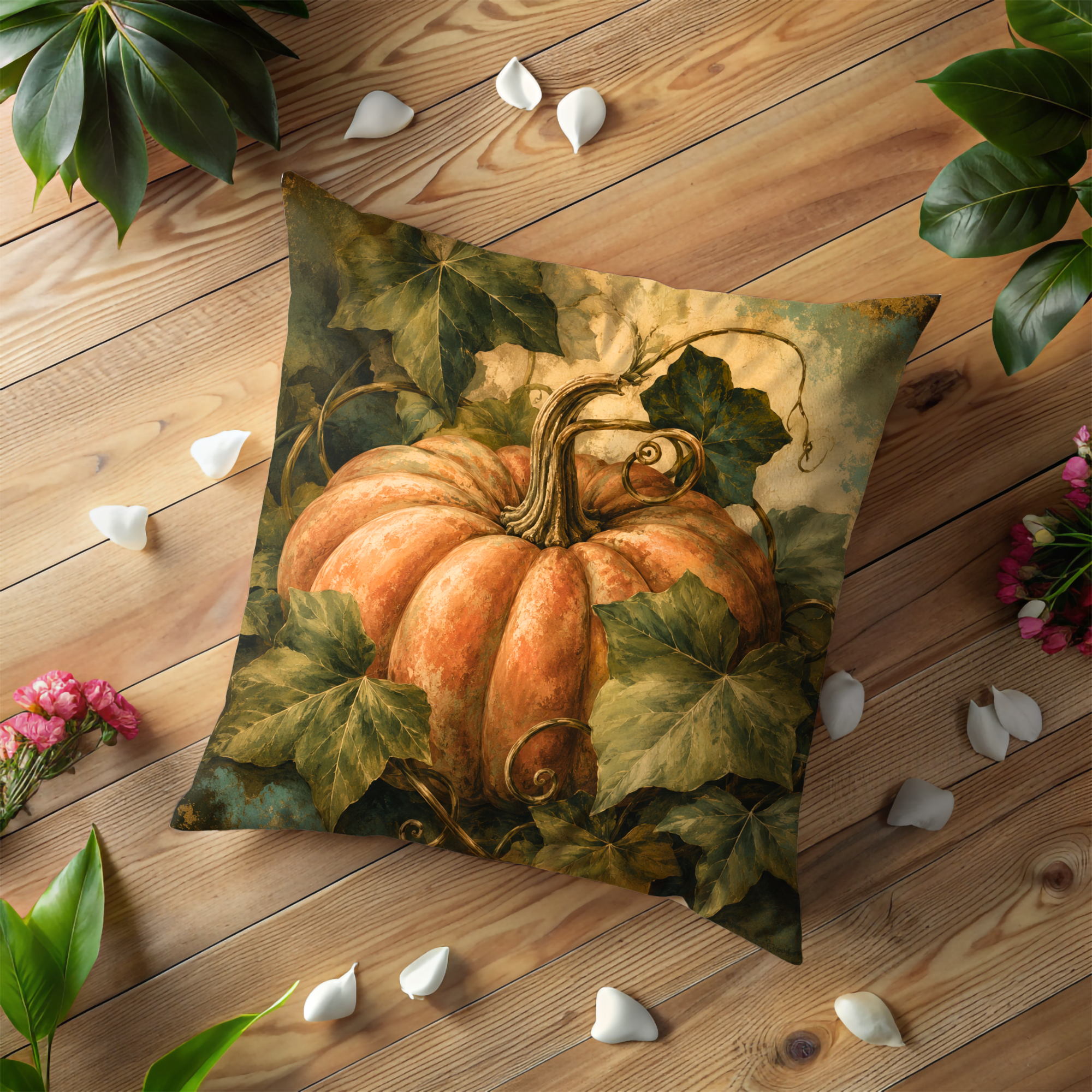 Realistic Pumpkin Ivy Pillow Cover | Autumn Harvest Art | Cozy Nature Decor