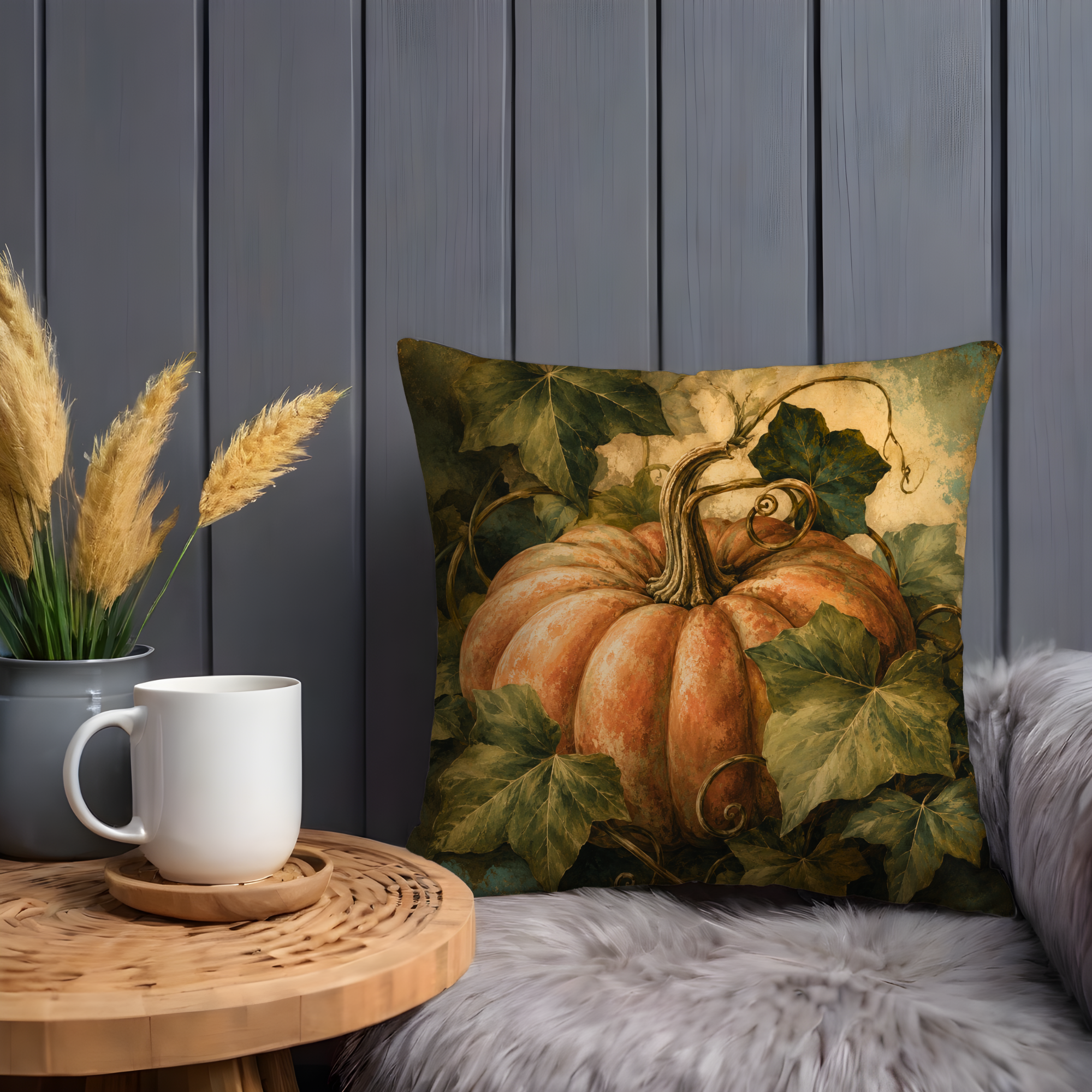 Realistic Pumpkin Ivy Pillow Cover | Autumn Harvest Art | Cozy Nature Decor