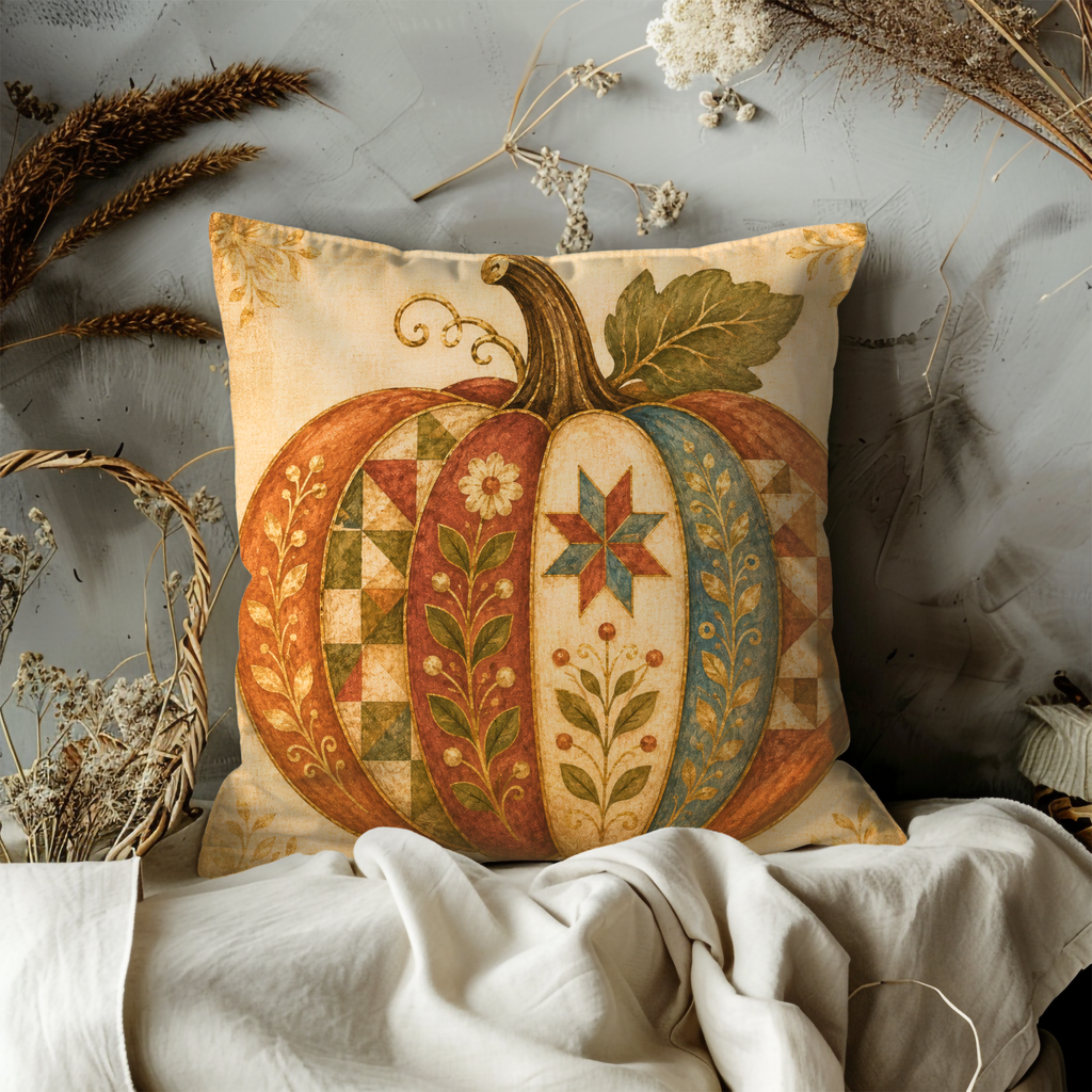 Quilted Pumpkin Pillow Cover | Folk Harvest Art | Earthy Boho Decor