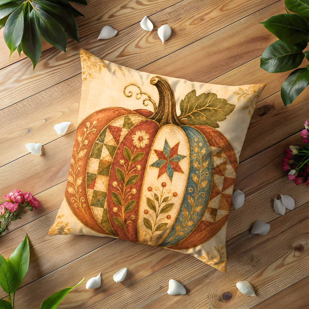 Quilted Pumpkin Pillow Cover | Folk Harvest Art | Earthy Boho Decor
