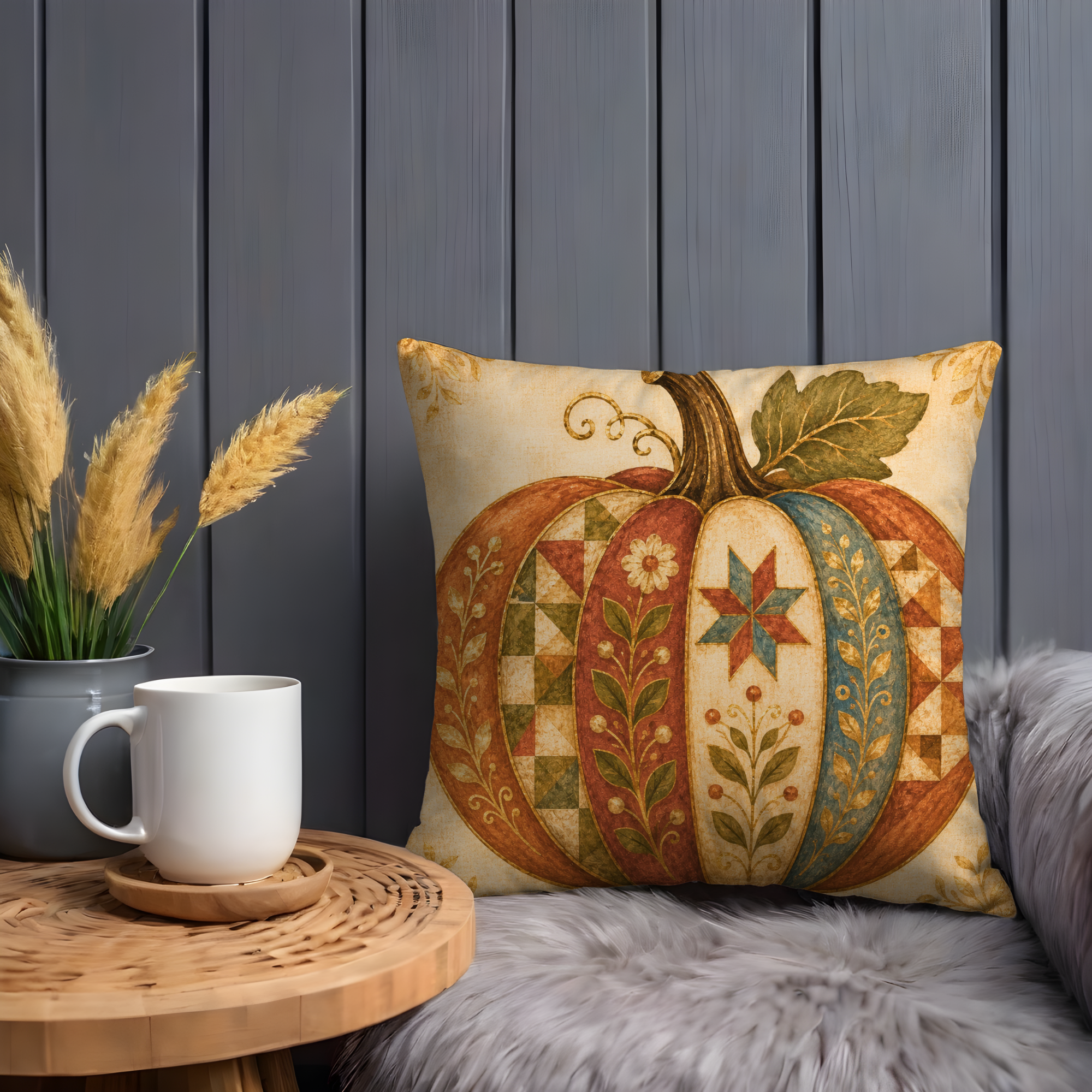 Quilted Pumpkin Pillow Cover | Folk Harvest Art | Earthy Boho Decor