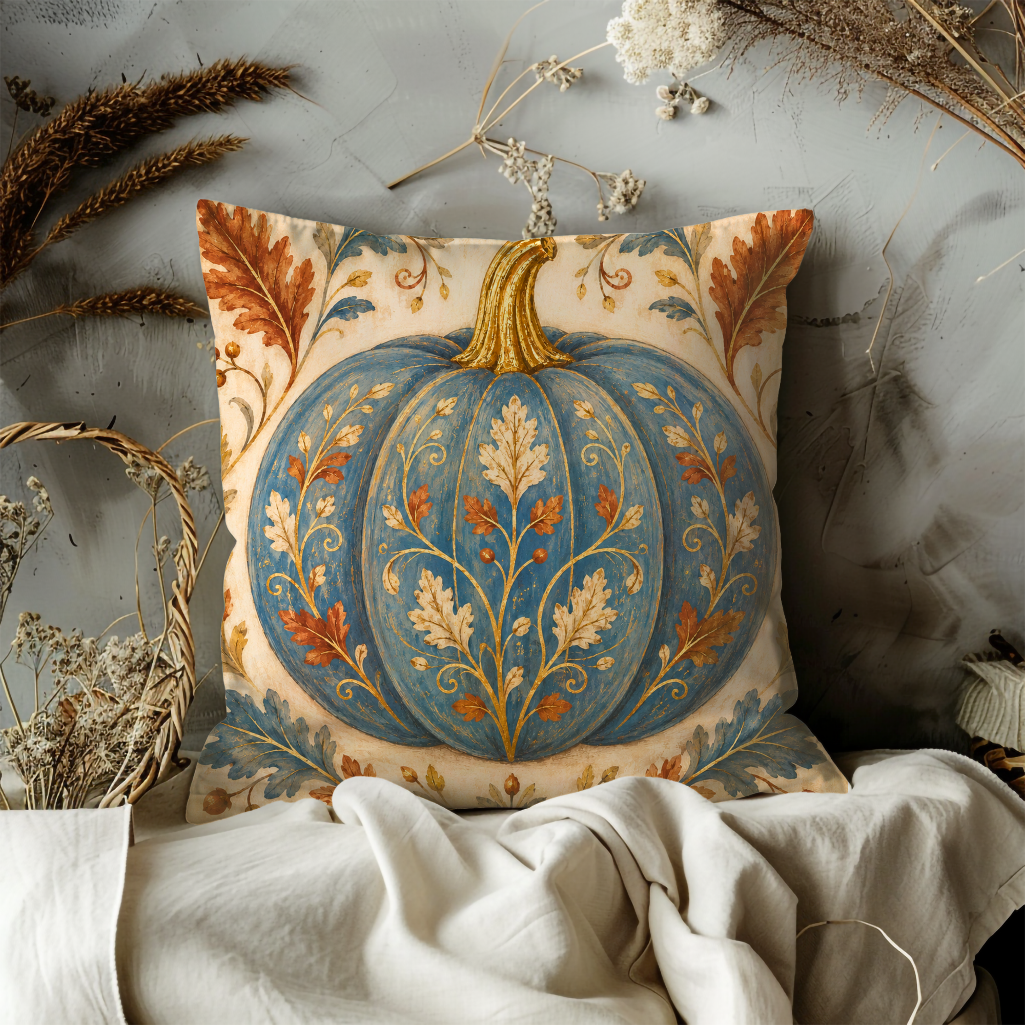 Blue Ornate Pumpkin Pillow Cover | Elegant Fall Art
