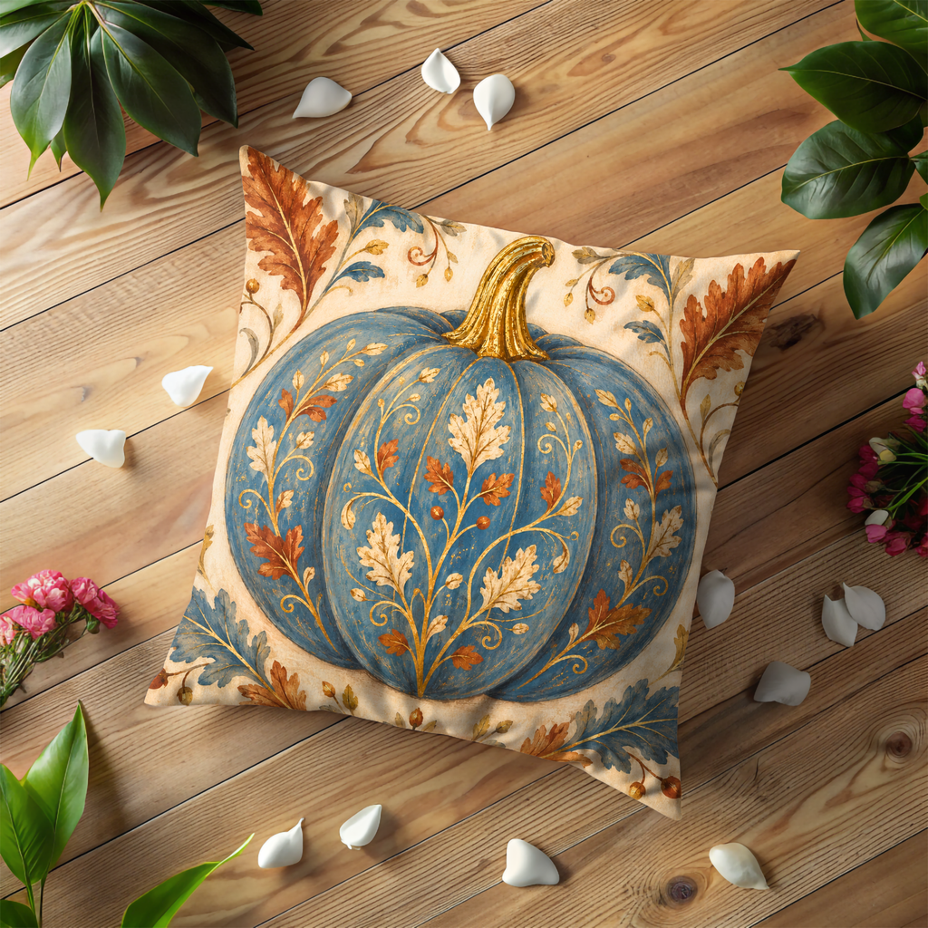 Blue Ornate Pumpkin Pillow Cover | Elegant Fall Art
