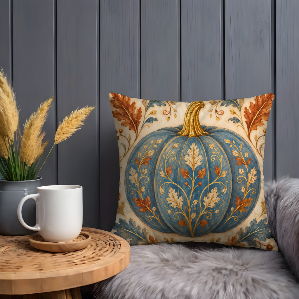 Blue Ornate Pumpkin Pillow Cover | Elegant Fall Art