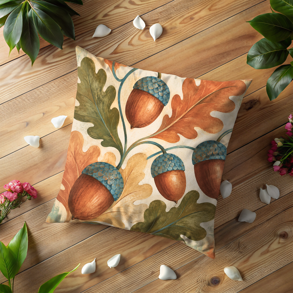 Acorn Oak Leaves Pillow Cover | Classic Autumn Art
