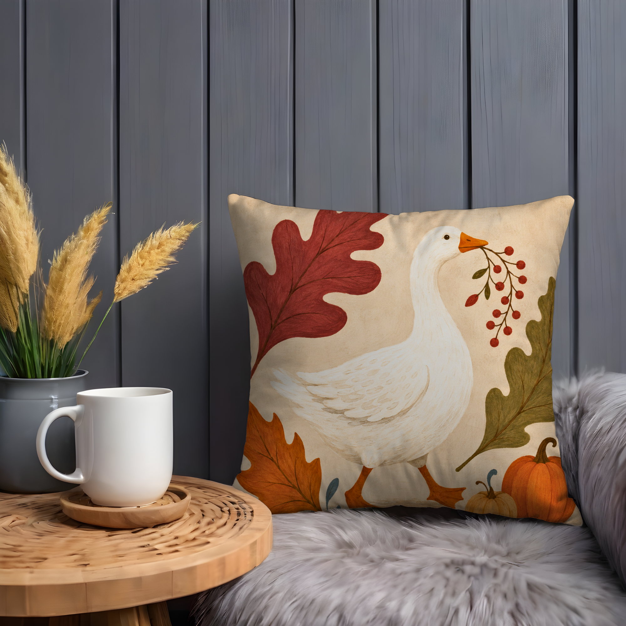 Goose Autumn Pillow Cover | Cute Farm Animal Art | Cozy Fall Decor