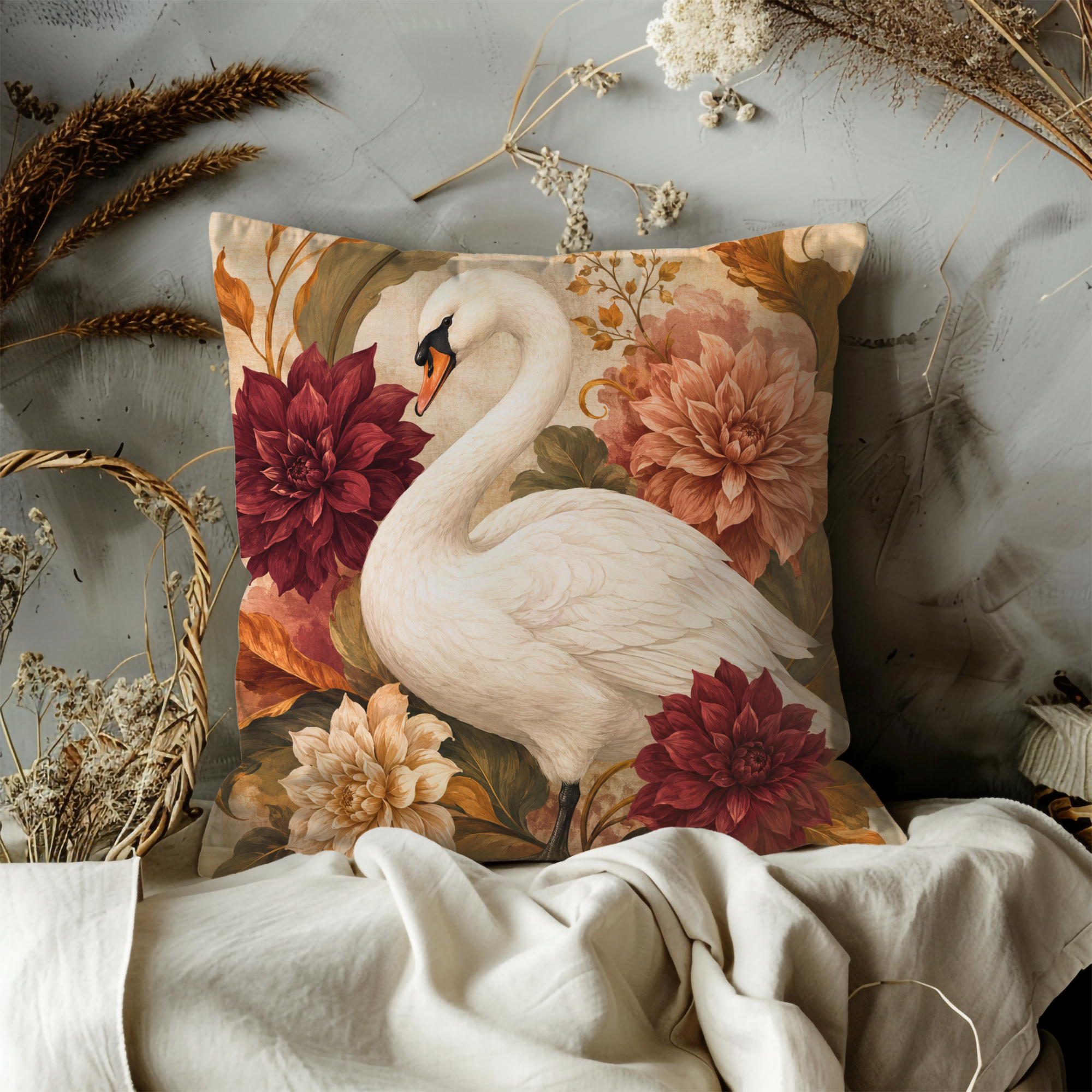 Swan Dahlia Pillow Cover | Elegant Autumn Art