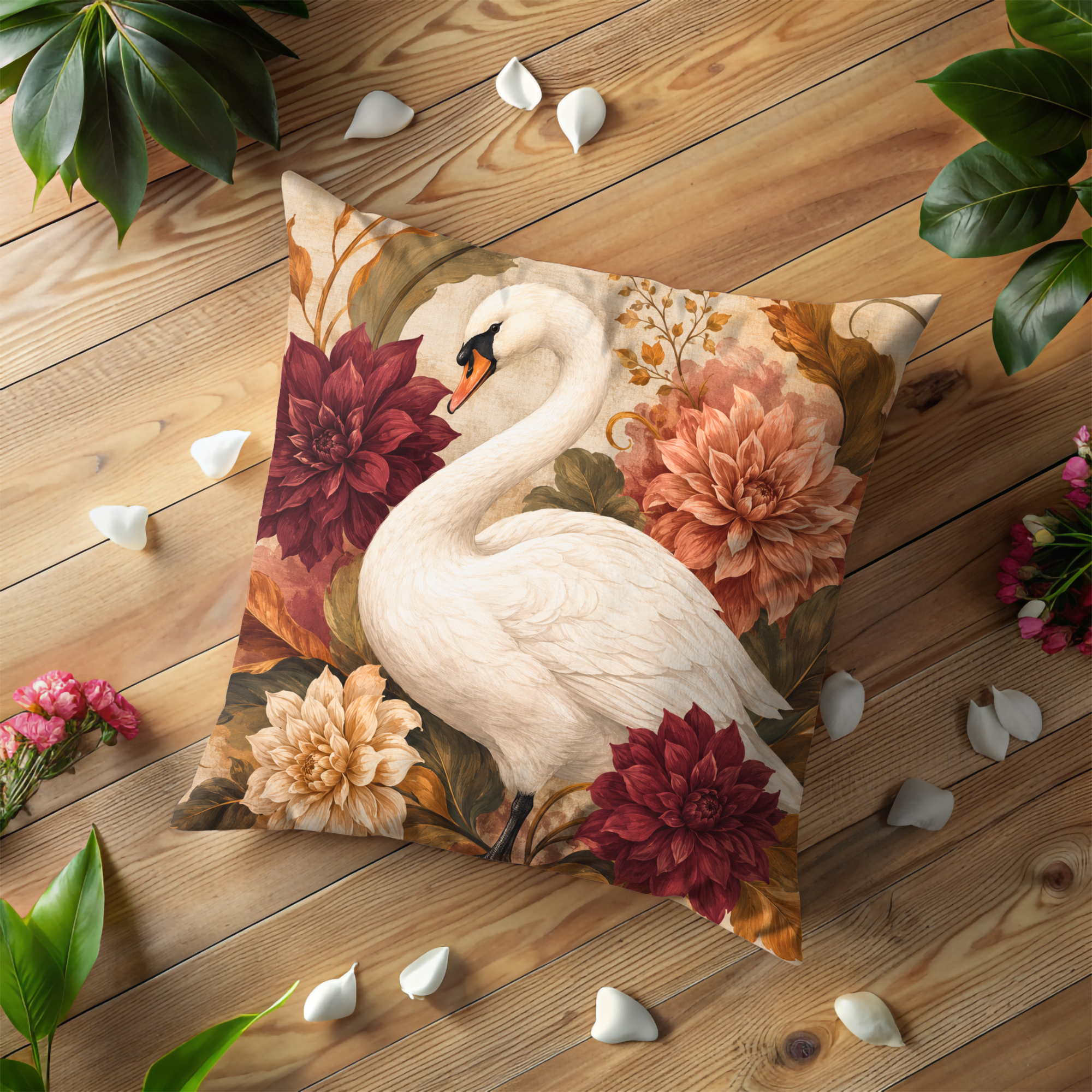 Swan Dahlia Pillow Cover | Elegant Autumn Art