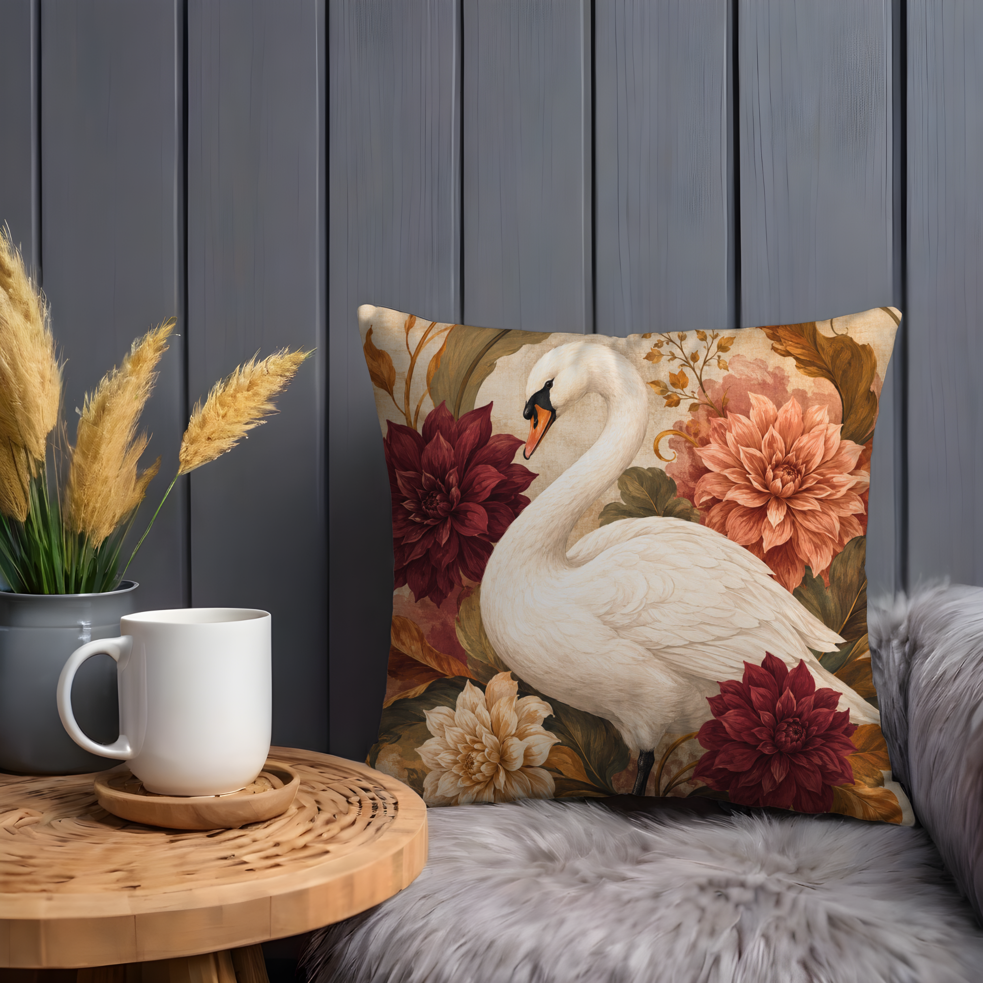 Swan Dahlia Pillow Cover | Elegant Autumn Art
