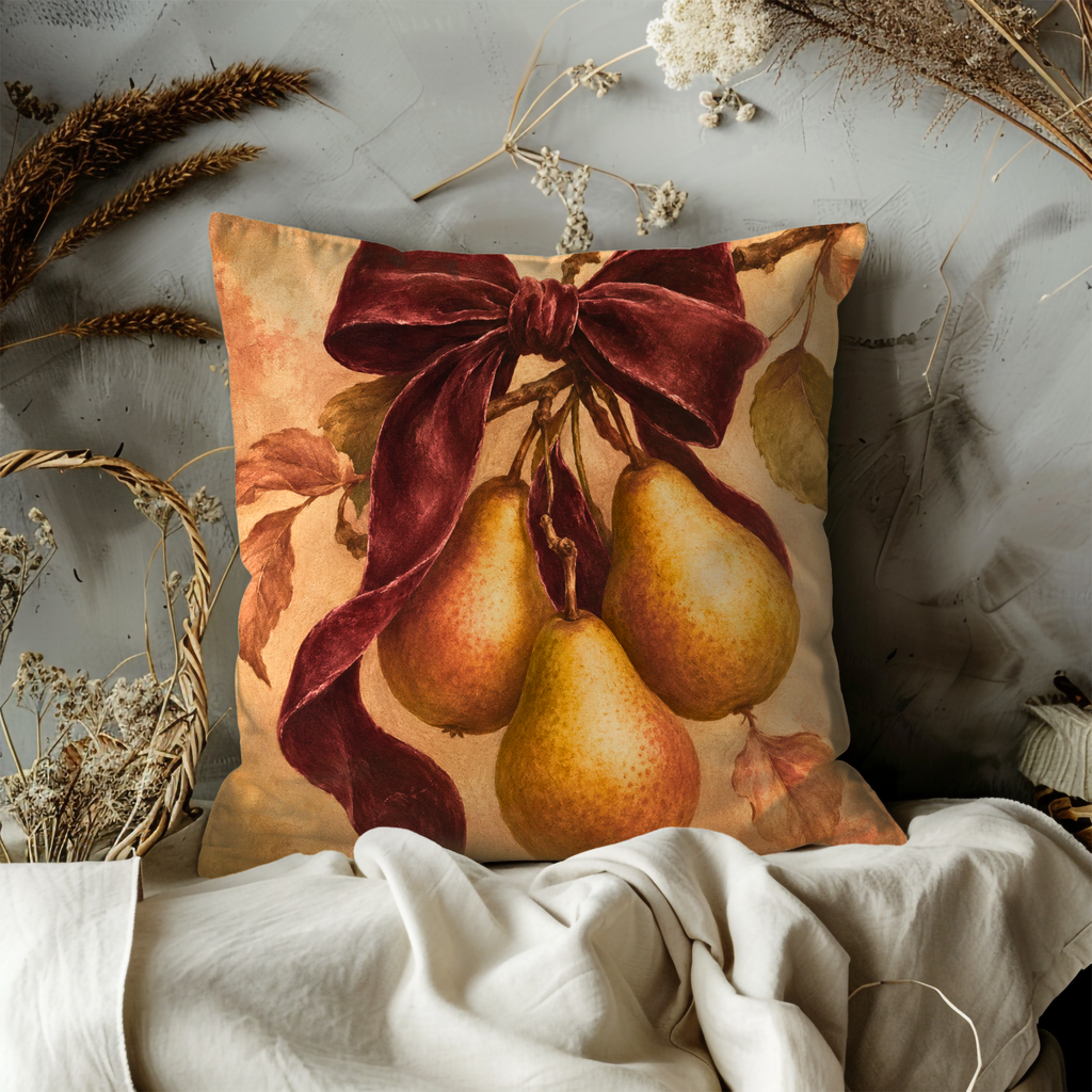 Pears with Velvet Bow Pillow Cover | Classic Autumn Art