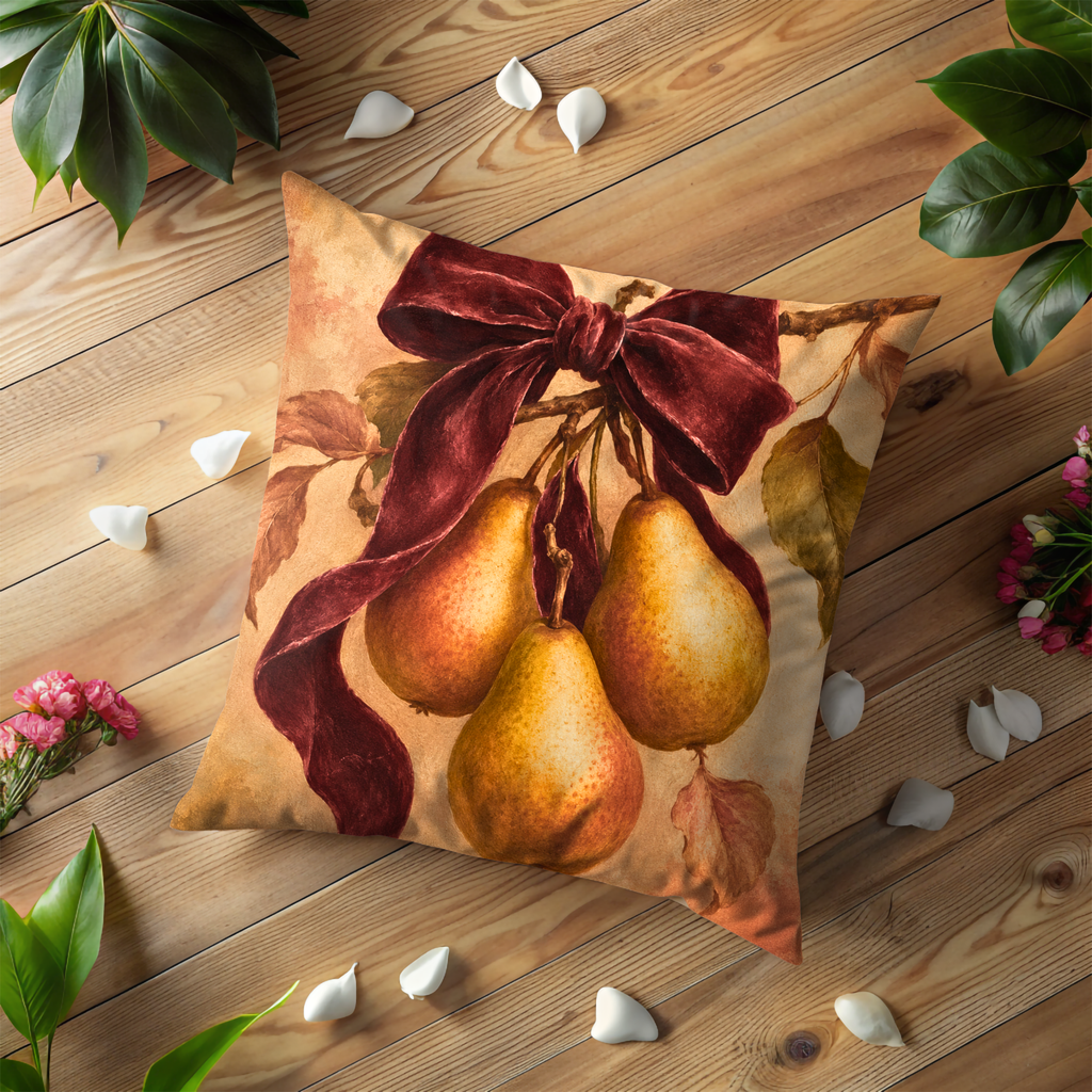 Pears with Velvet Bow Pillow Cover | Classic Autumn Art