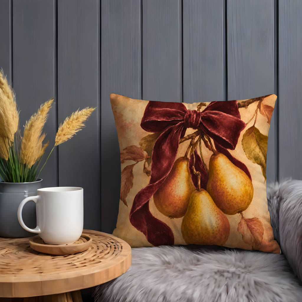 Pears with Velvet Bow Pillow Cover | Classic Autumn Art