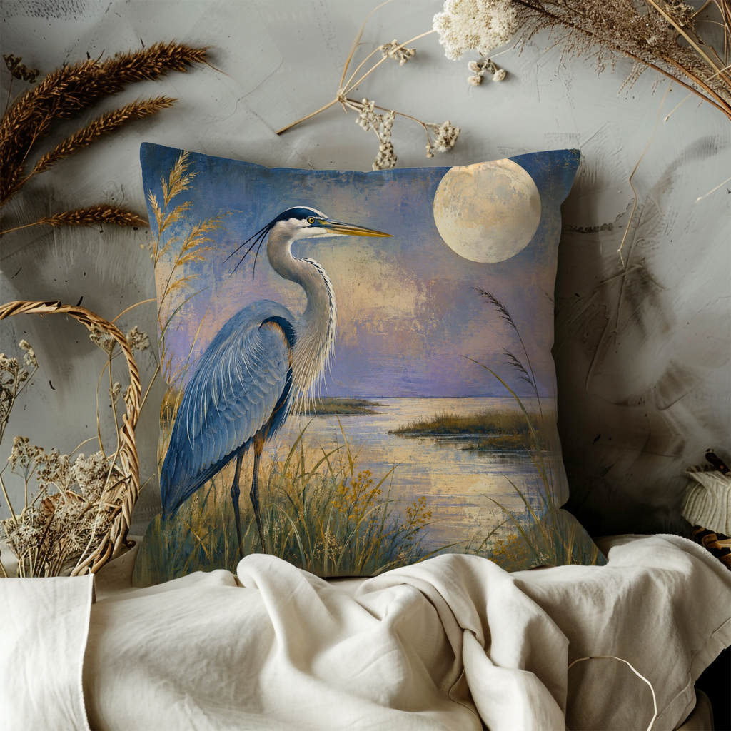Blue Heron Moon Pillow Cover | Serene Wildlife Art