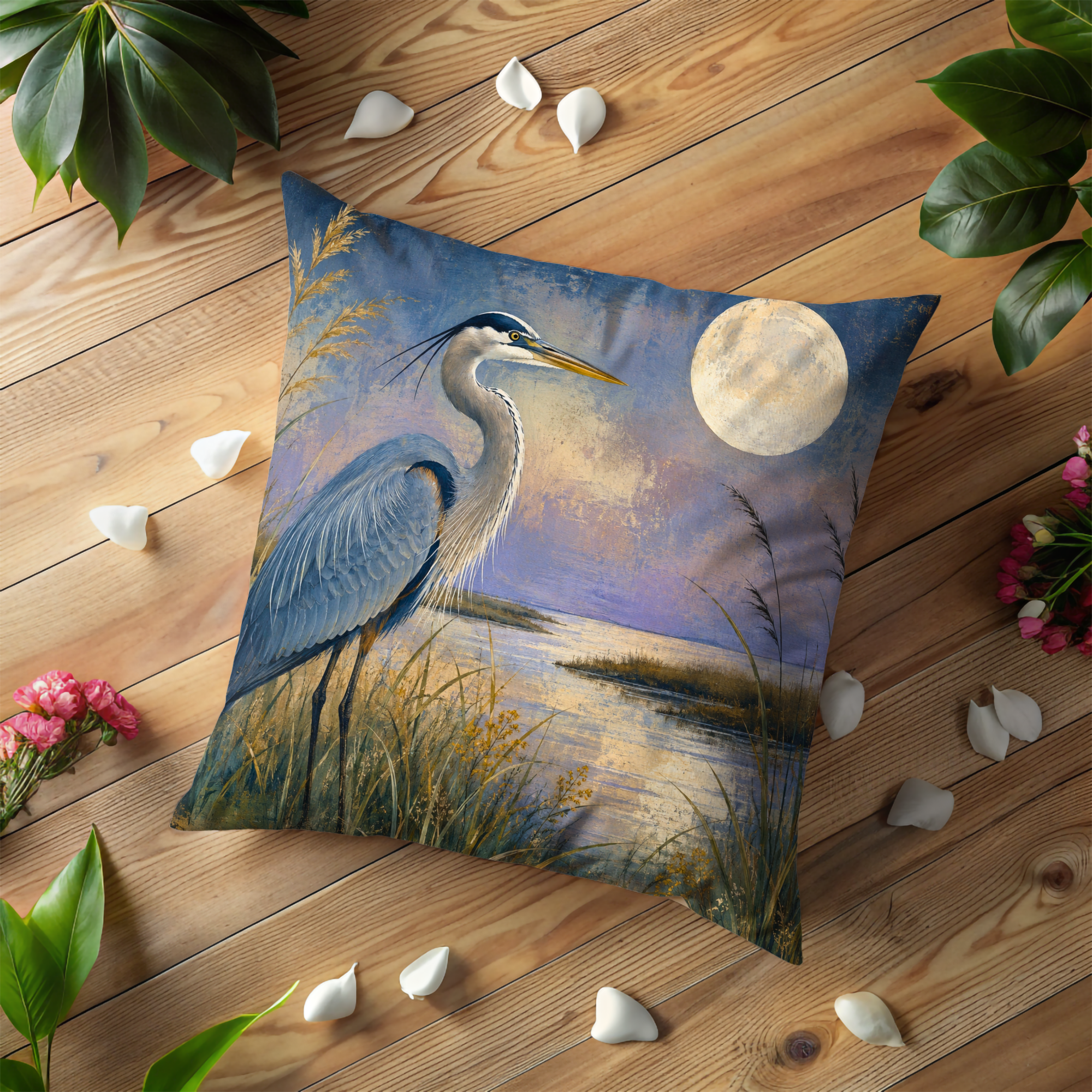 Blue Heron Moon Pillow Cover | Serene Wildlife Art